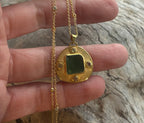 14k Gold Green Jade + Sapphire Hand Etched Necklace