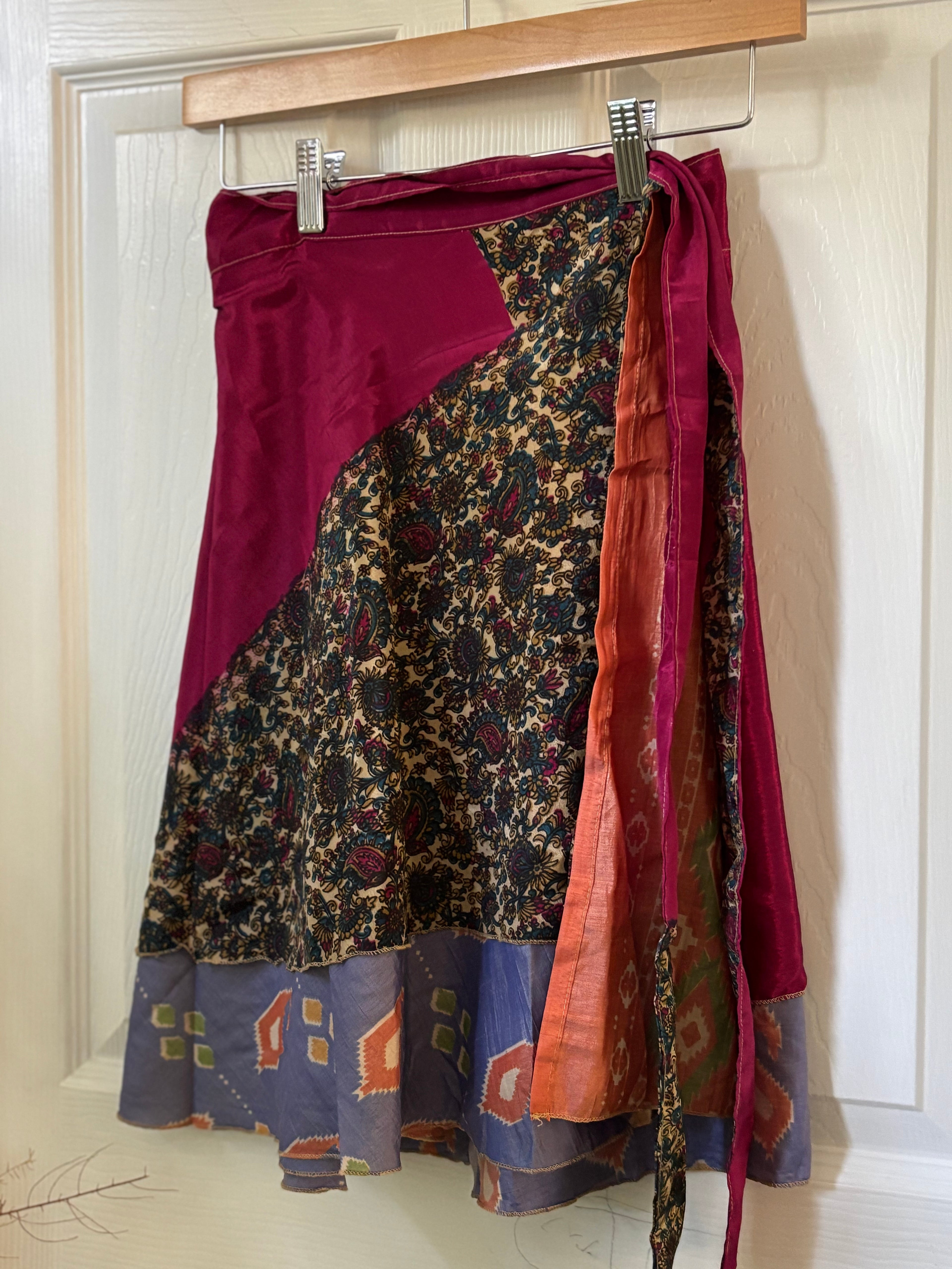 Knee Length Bohemian Flowy Dancing Worship Skirt | Indian Silk Sari Wrap Skirt - Double Layer , Reversible