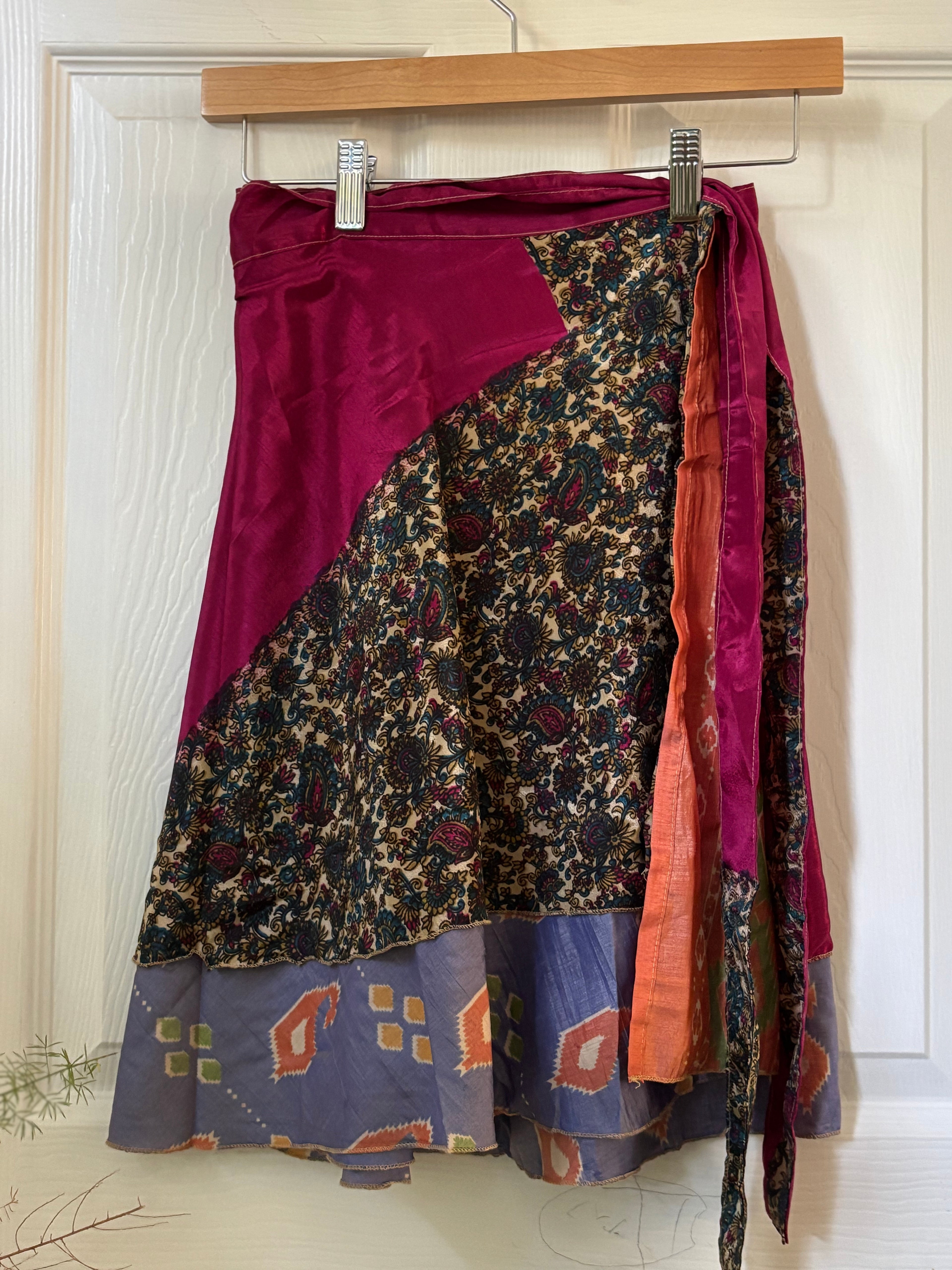Knee Length Bohemian Flowy Dancing Worship Skirt | Indian Silk Sari Wrap Skirt - Double Layer , Reversible