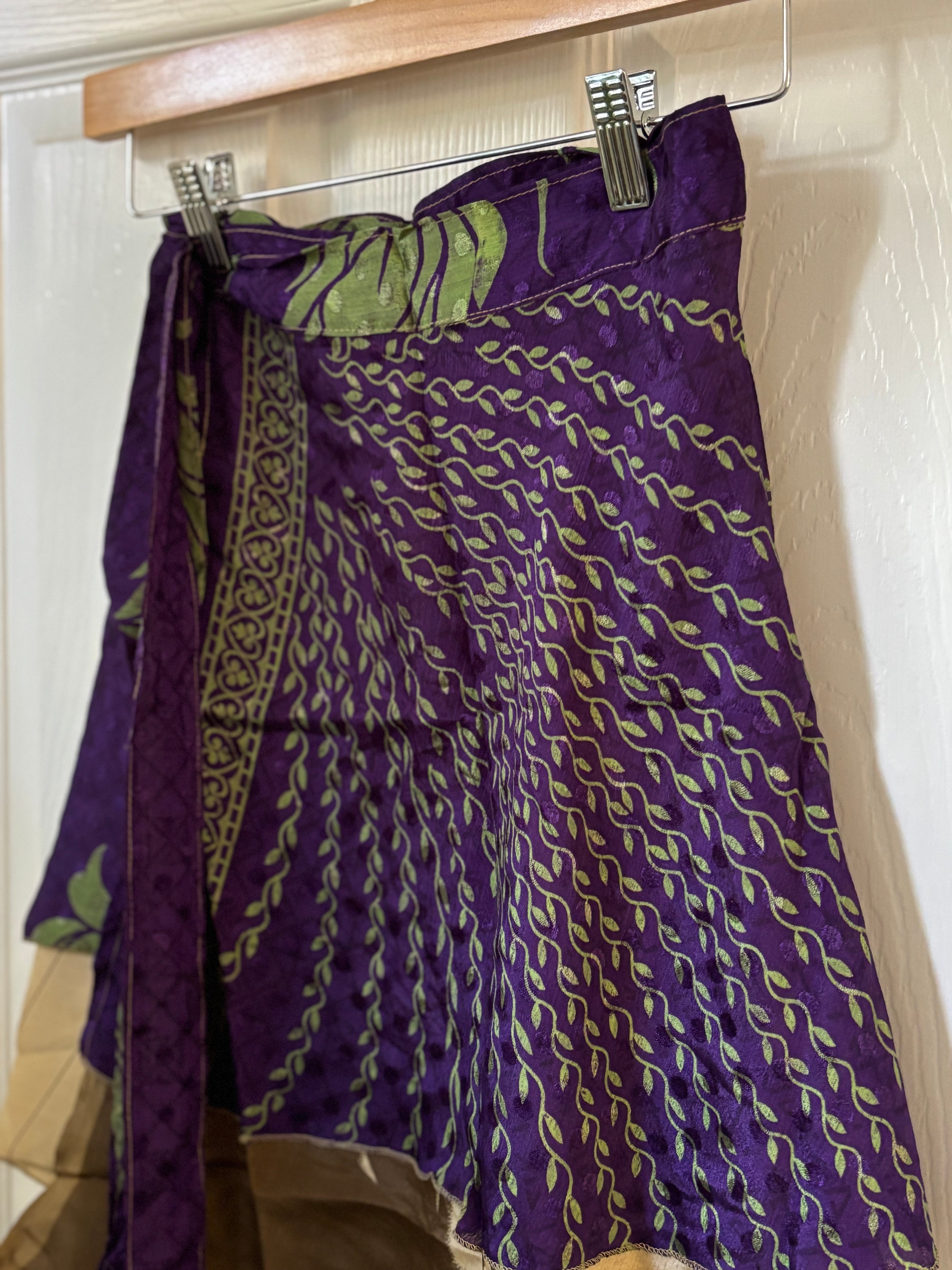 Knee Length Bohemian Flowy Dancing Worship Skirt | Indian Silk Sari Wrap Skirt - Double Layer , Reversible