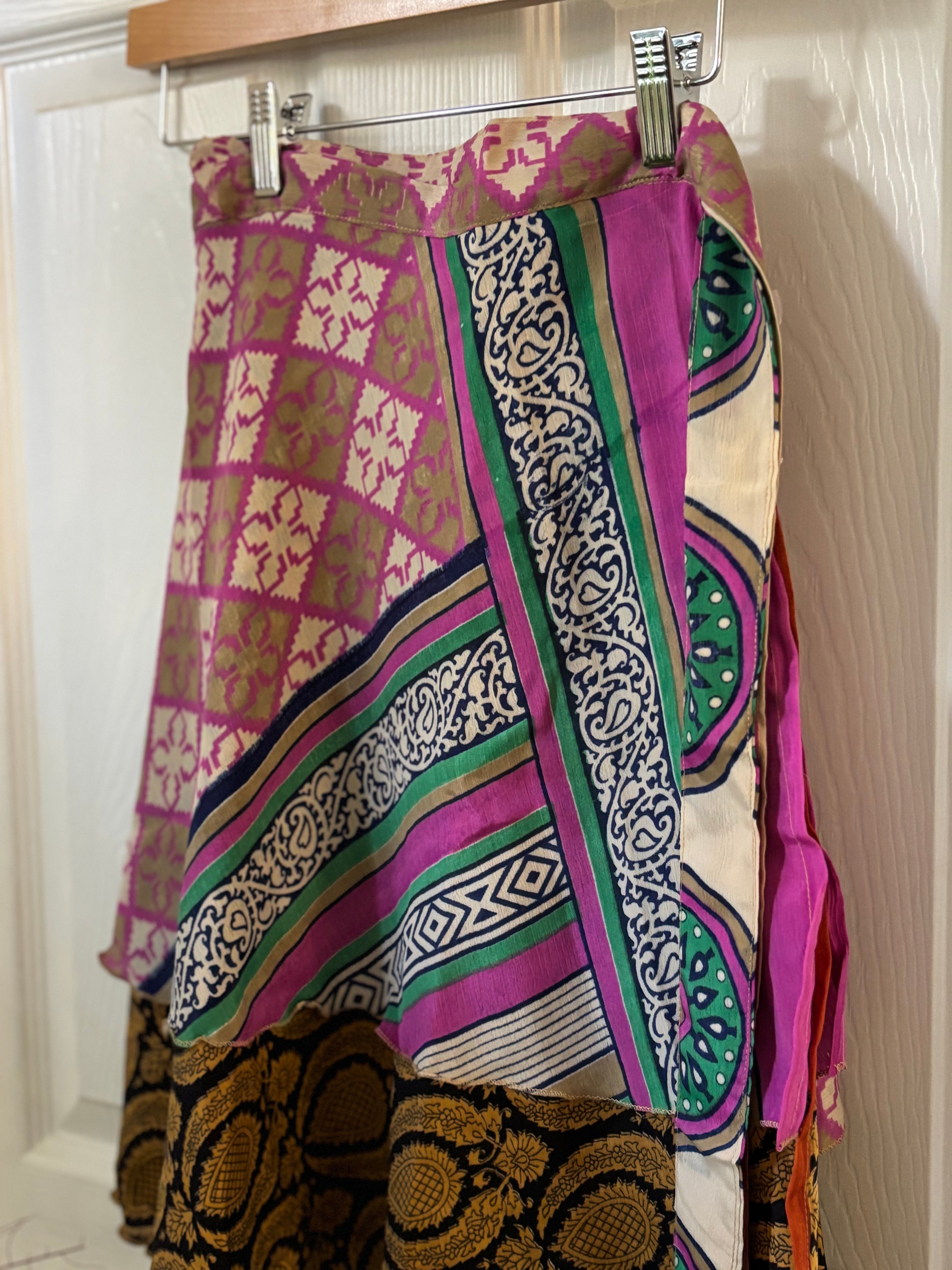 Knee Length Bohemian Flowy Dancing Worship Skirt | Indian Silk Sari Wrap Skirt - Double Layer , Reversible