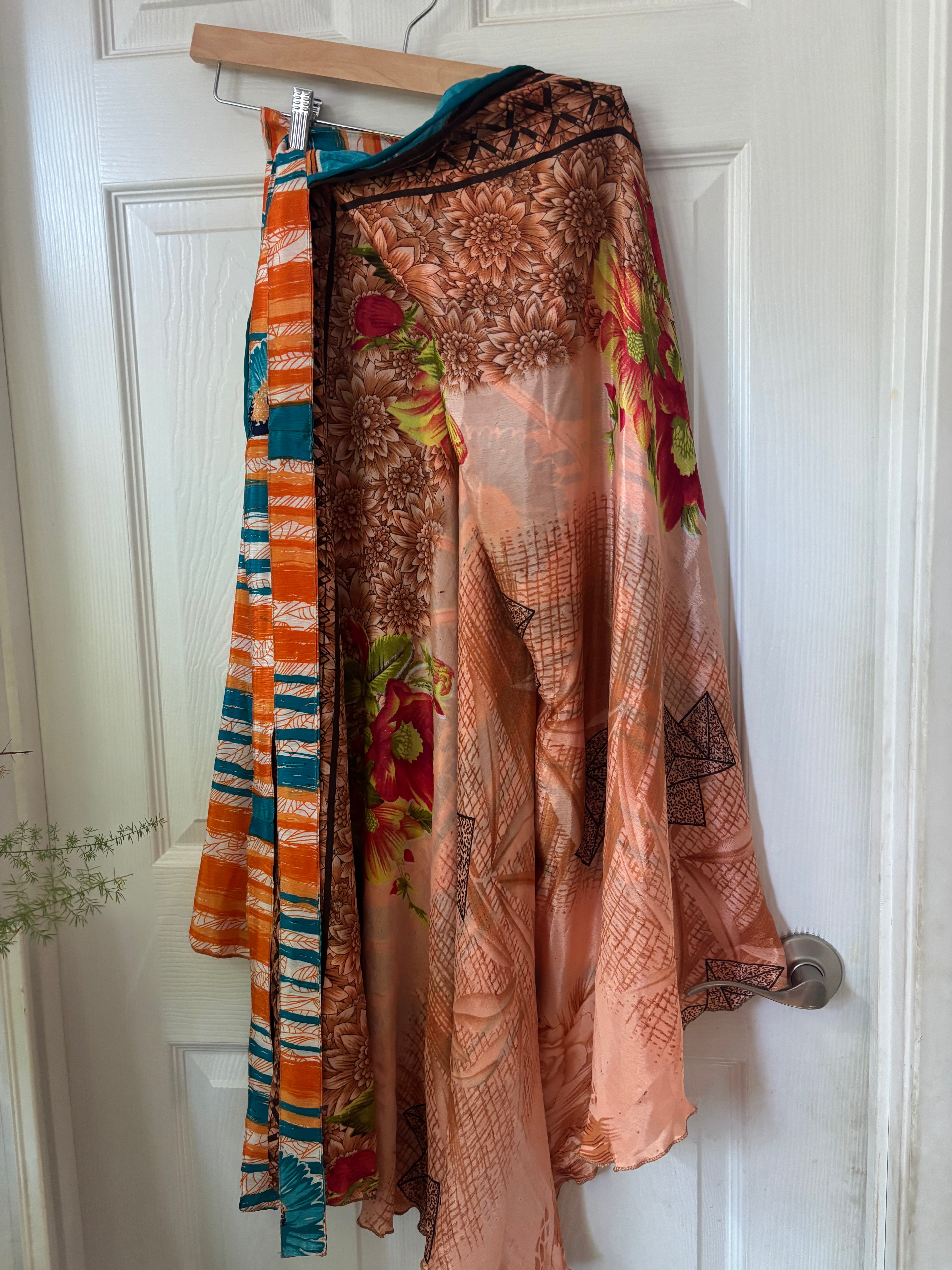 Indian Silk Sari Wrap Skirt - Double Layer , Reversible | Free Flow Dancing Skirt