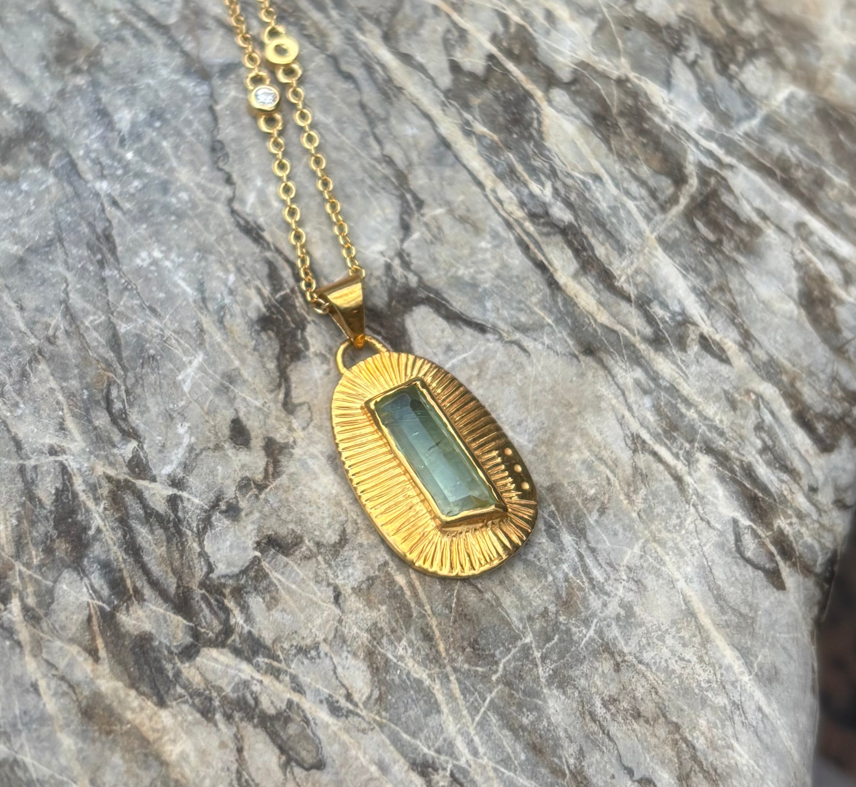 14k Gold Bicolor Green Ombre Tourmaline Sunburst Necklace