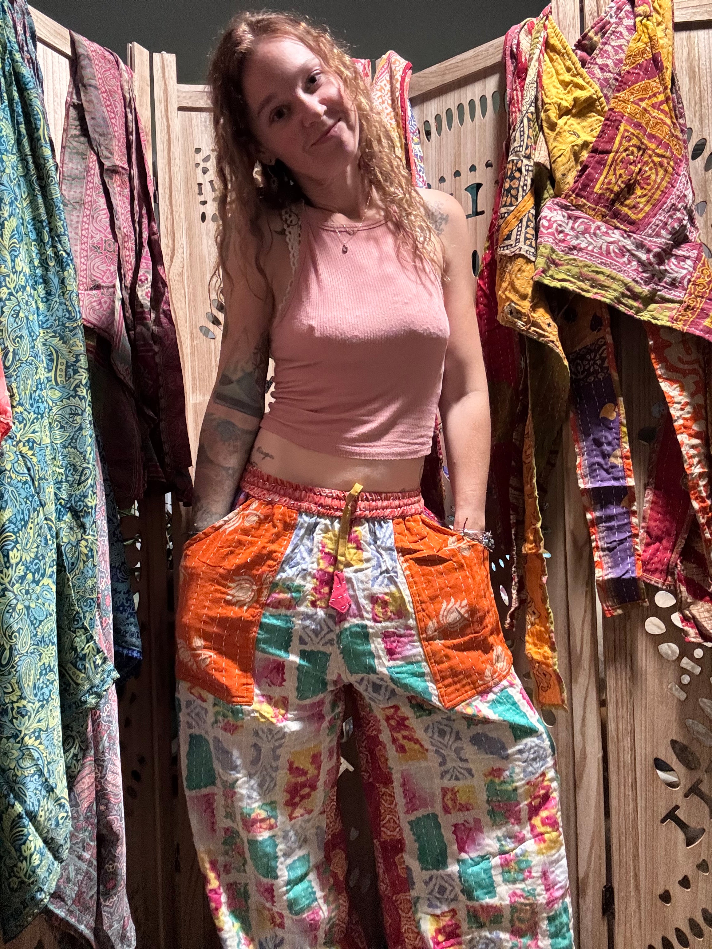 Handmade 100% Cotton Kantha Quilted Reversible Wide Leg Pants