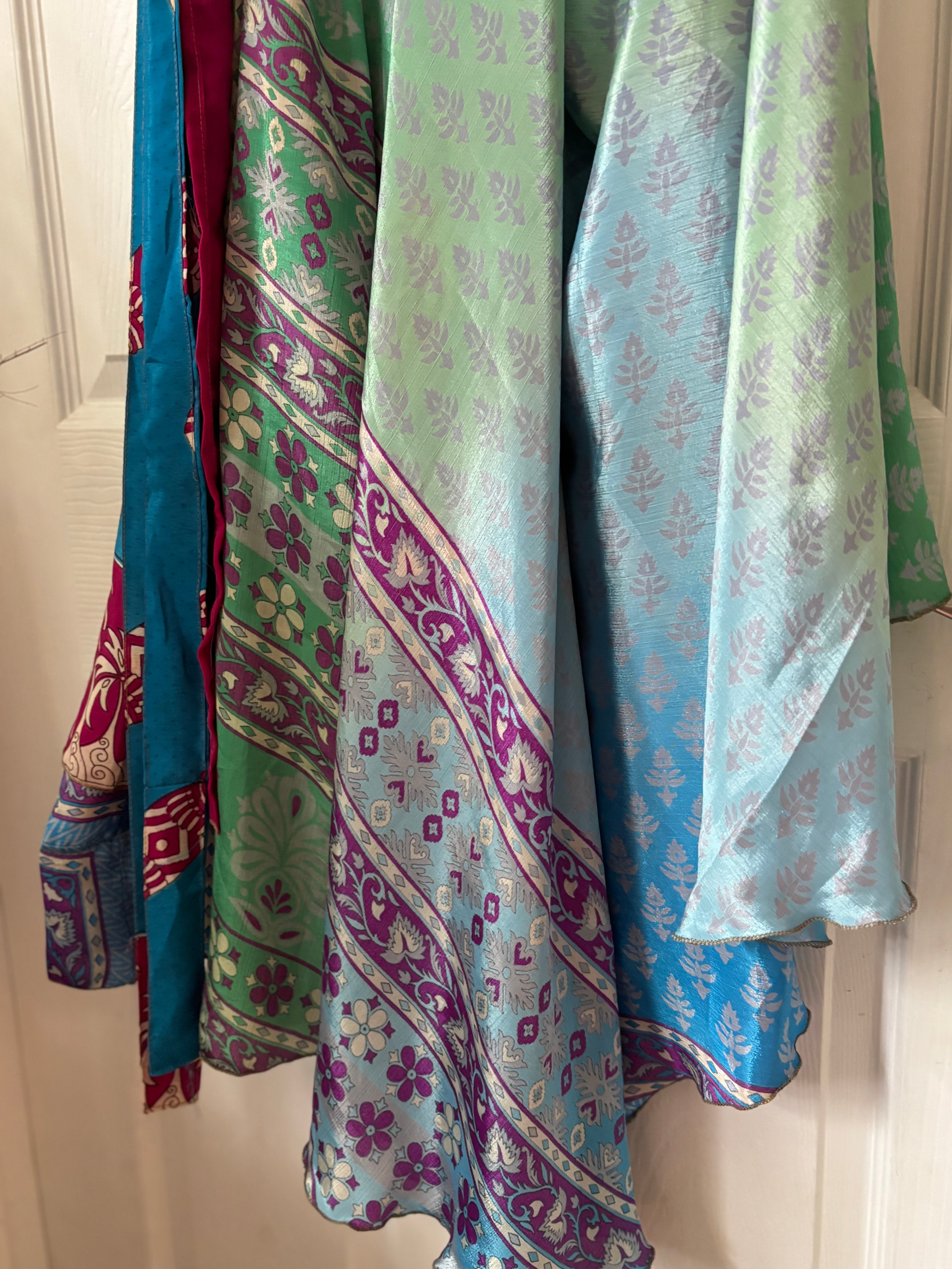 Warfare Worship Skirt | Bohemian Flowy Indian Silk Sari Wrap Skirt - Double Layer , Reversible | Free Flow Dancing Skirt