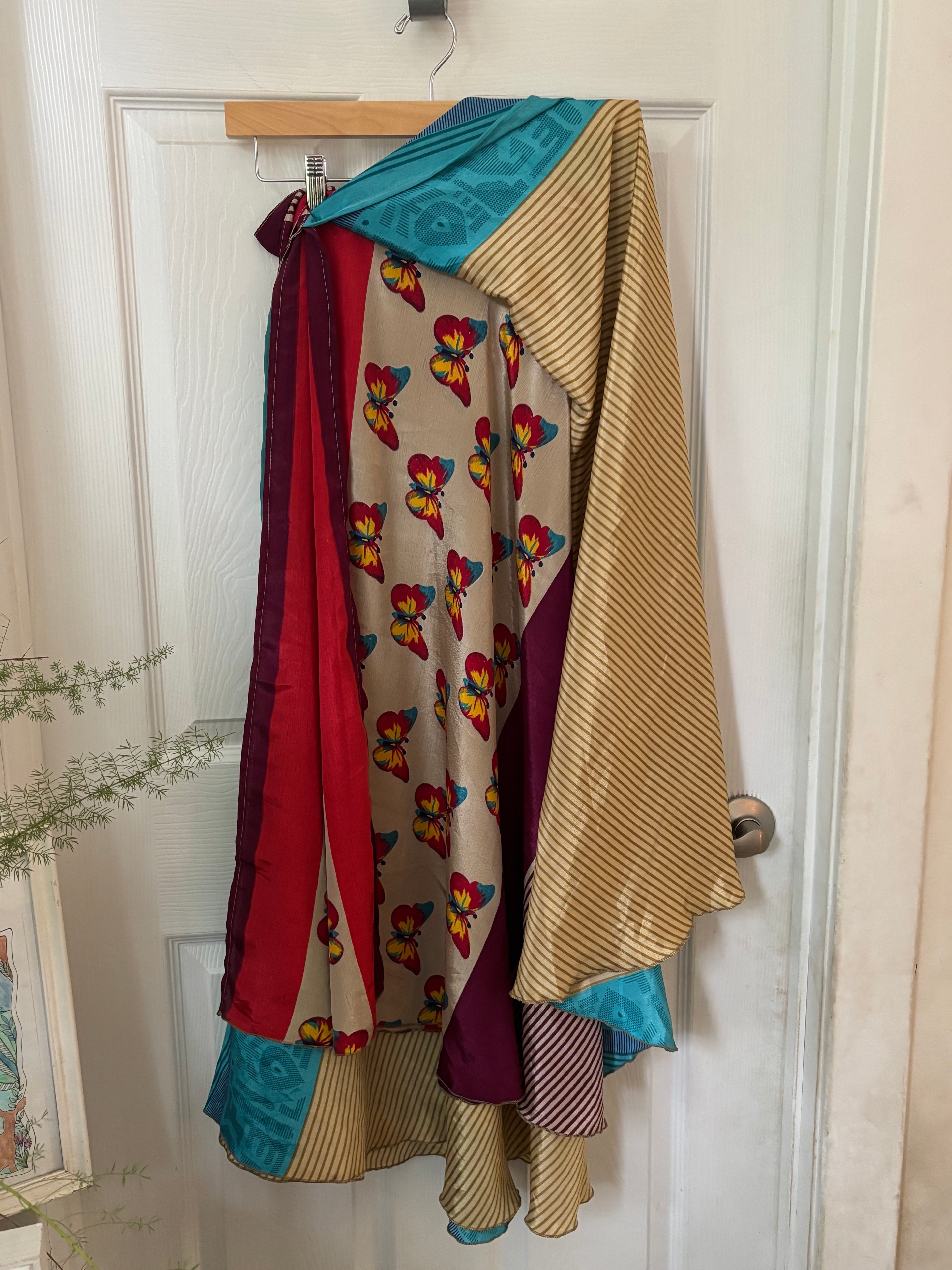 Warfare Worship Skirt | Bohemian Flowy Indian Silk Sari Wrap Skirt - Double Layer , Reversible | Free Flow Dancing Skirt