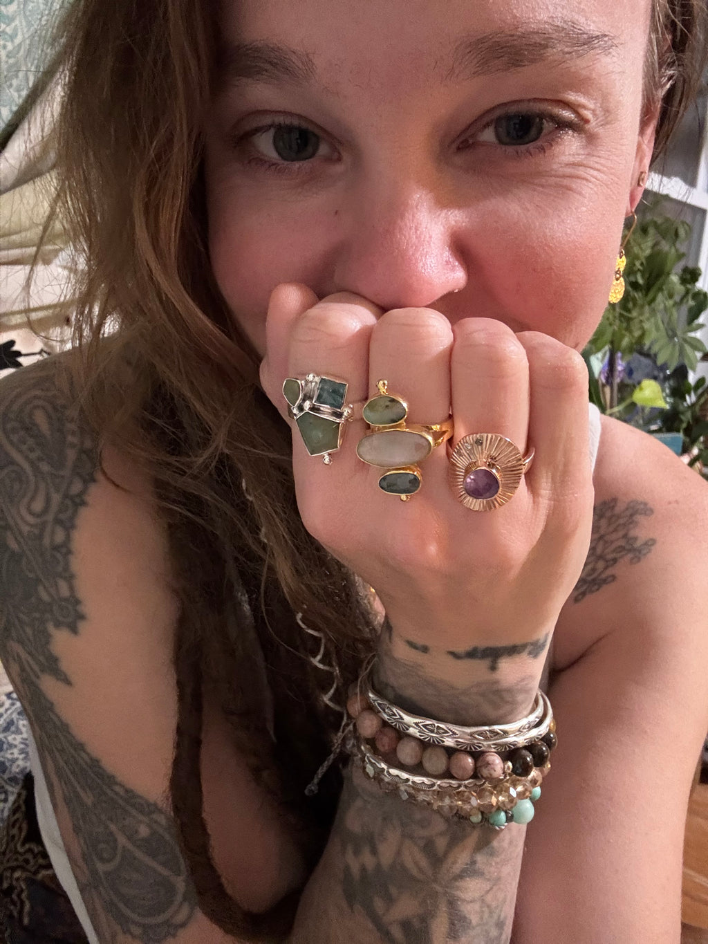 Daughter of the King Triple Stone Ring ~ 14K Gold over 925 Sterling Silver | Opal, Kyanite & Peruvian Opal | Size 8.5