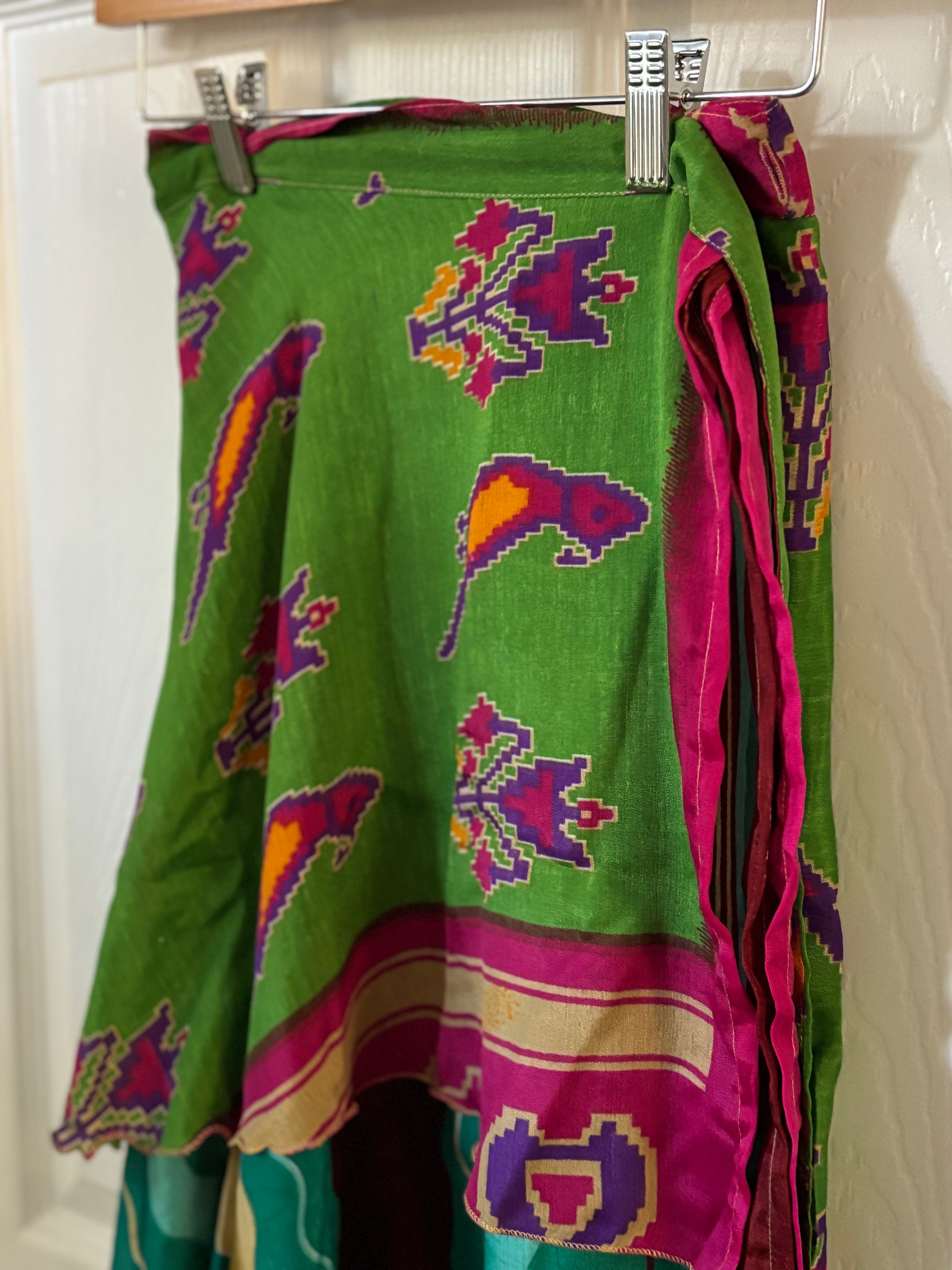 Knee Length Bohemian Flowy Dancing Worship Skirt | Indian Silk Sari Wrap Skirt - Double Layer , Reversible