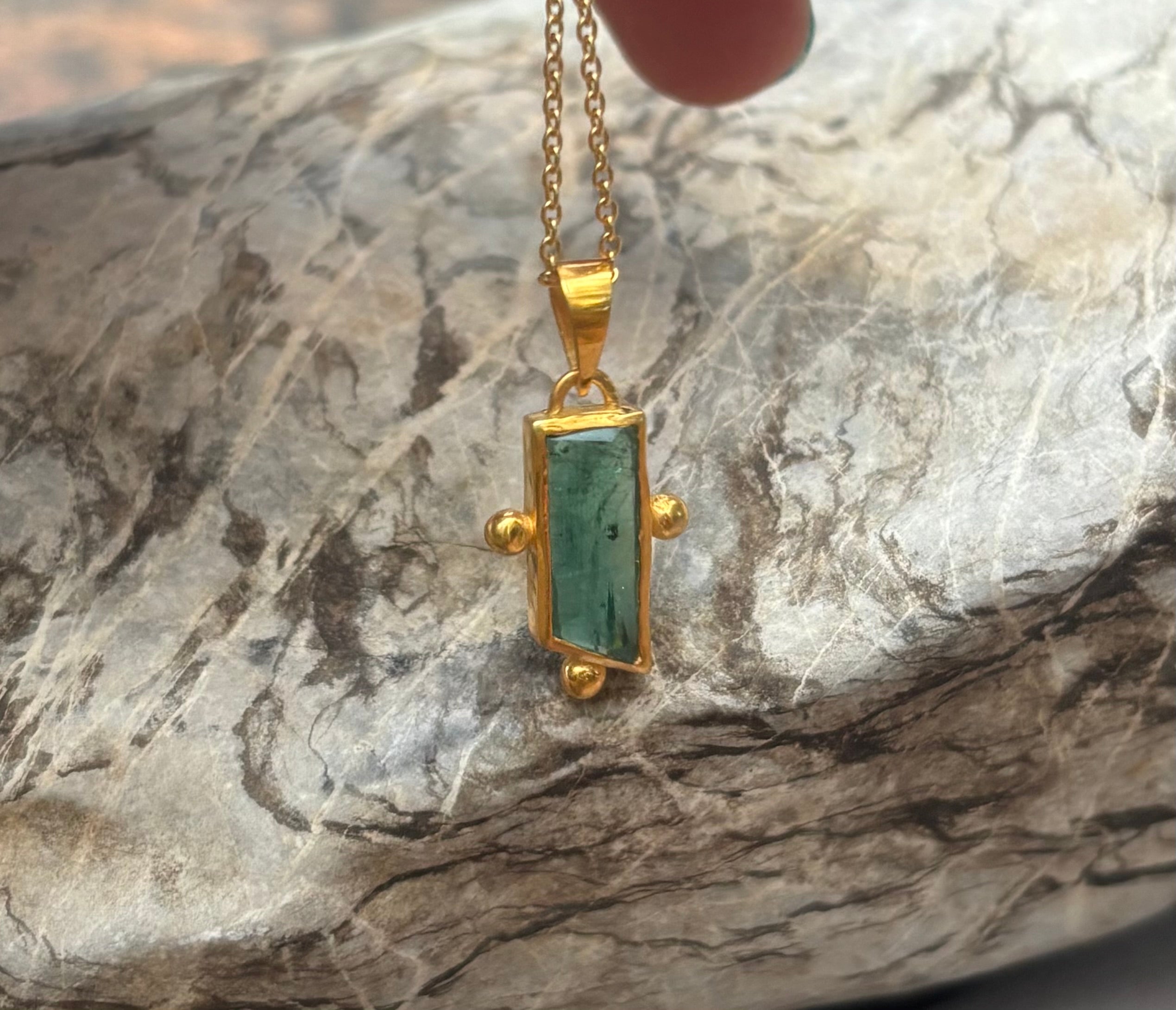 14k Gold Ethnic Teal Tourmaline Baguette Necklace