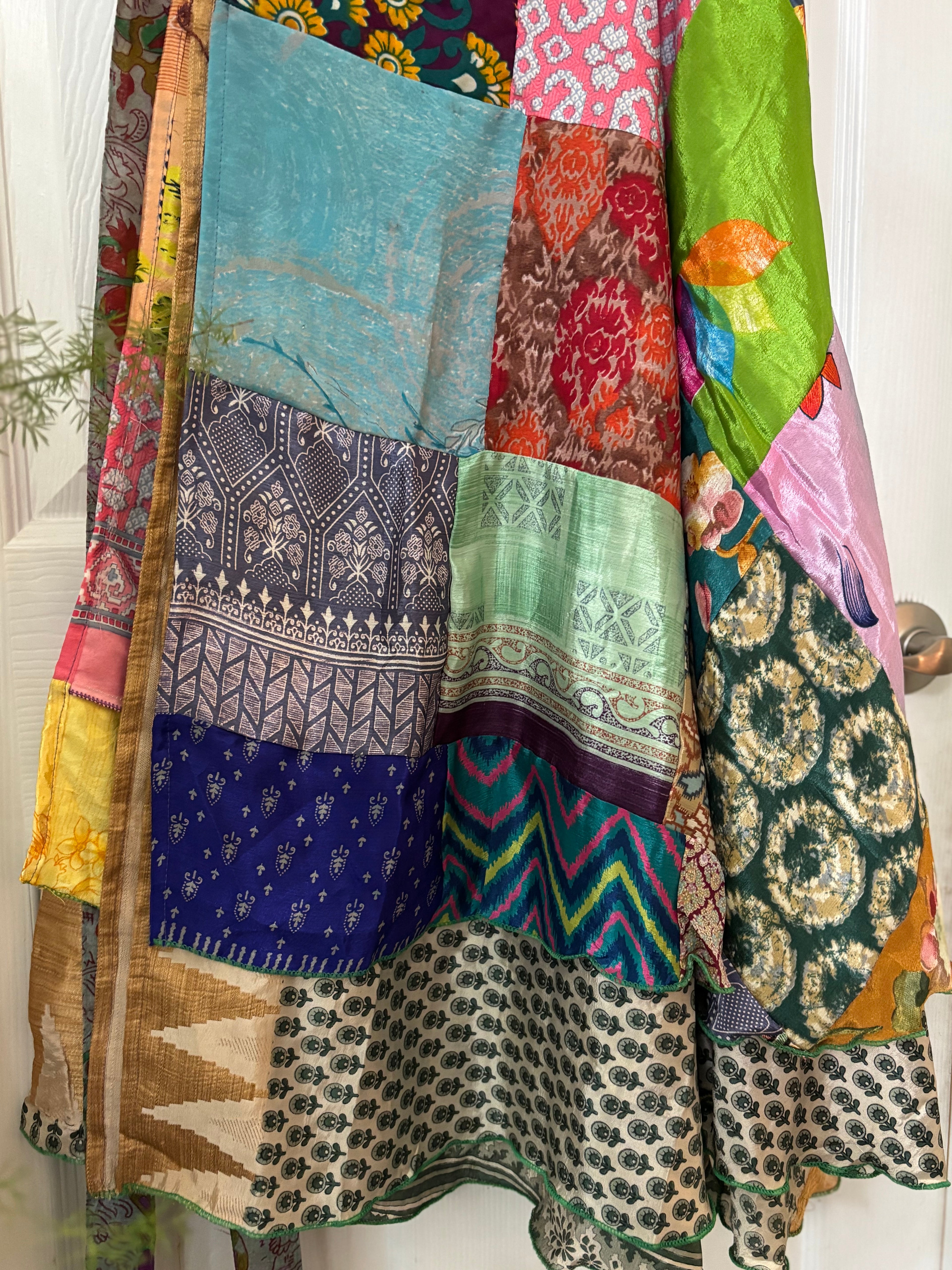 Bohemian Patchwork Flowy Indian Silk Sari Wrap Skirt - Double Layer , Reversible | Free Flow Dancing Skirt