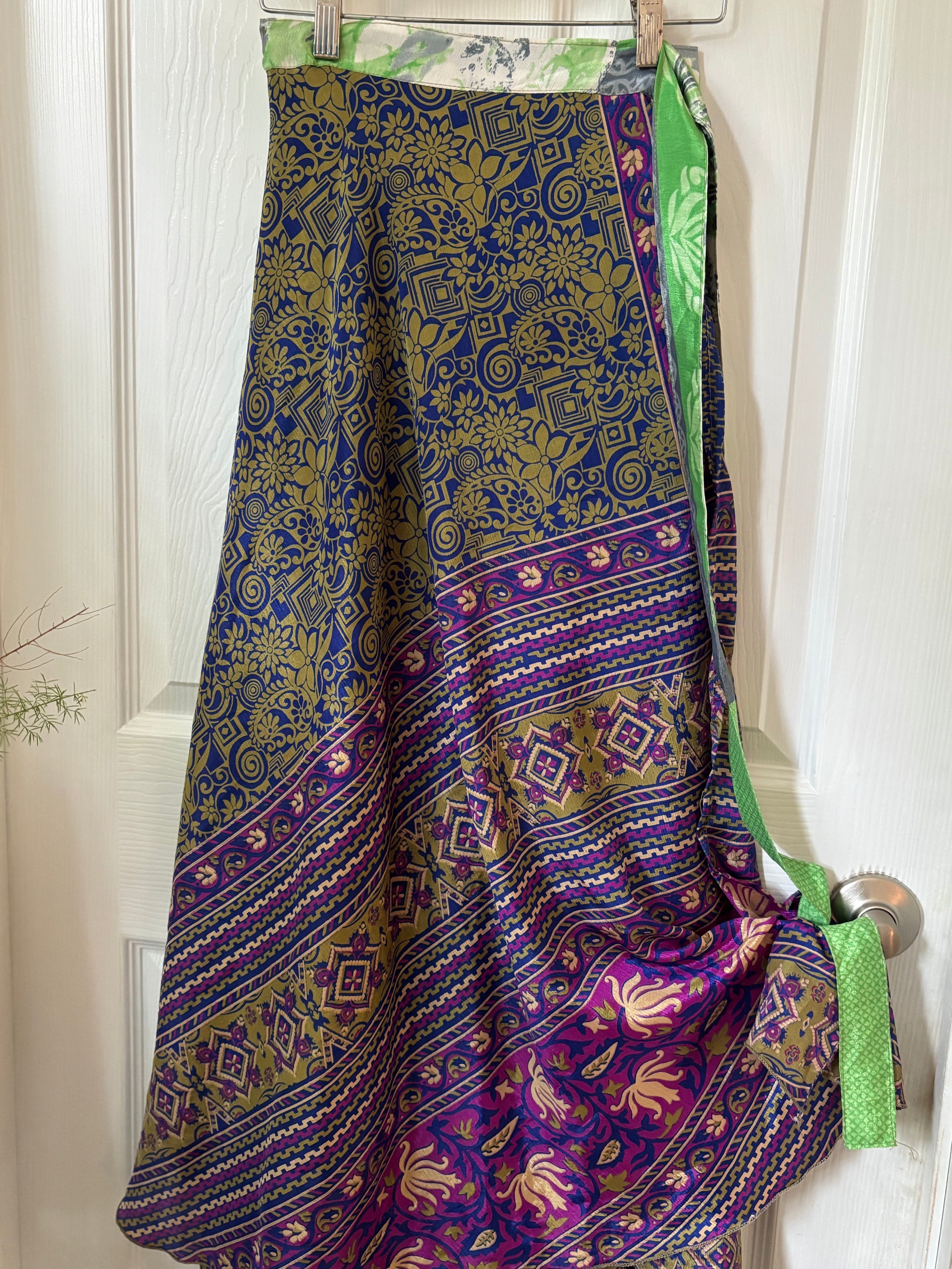 Warfare Worship Skirt | Bohemian Flowy Indian Silk Sari Wrap Skirt - Double Layer , Reversible | Free Flow Dancing Skirt