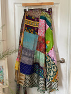 Bohemian Patchwork Flowy Indian Silk Sari Wrap Skirt - Double Layer , Reversible | Free Flow Dancing Skirt
