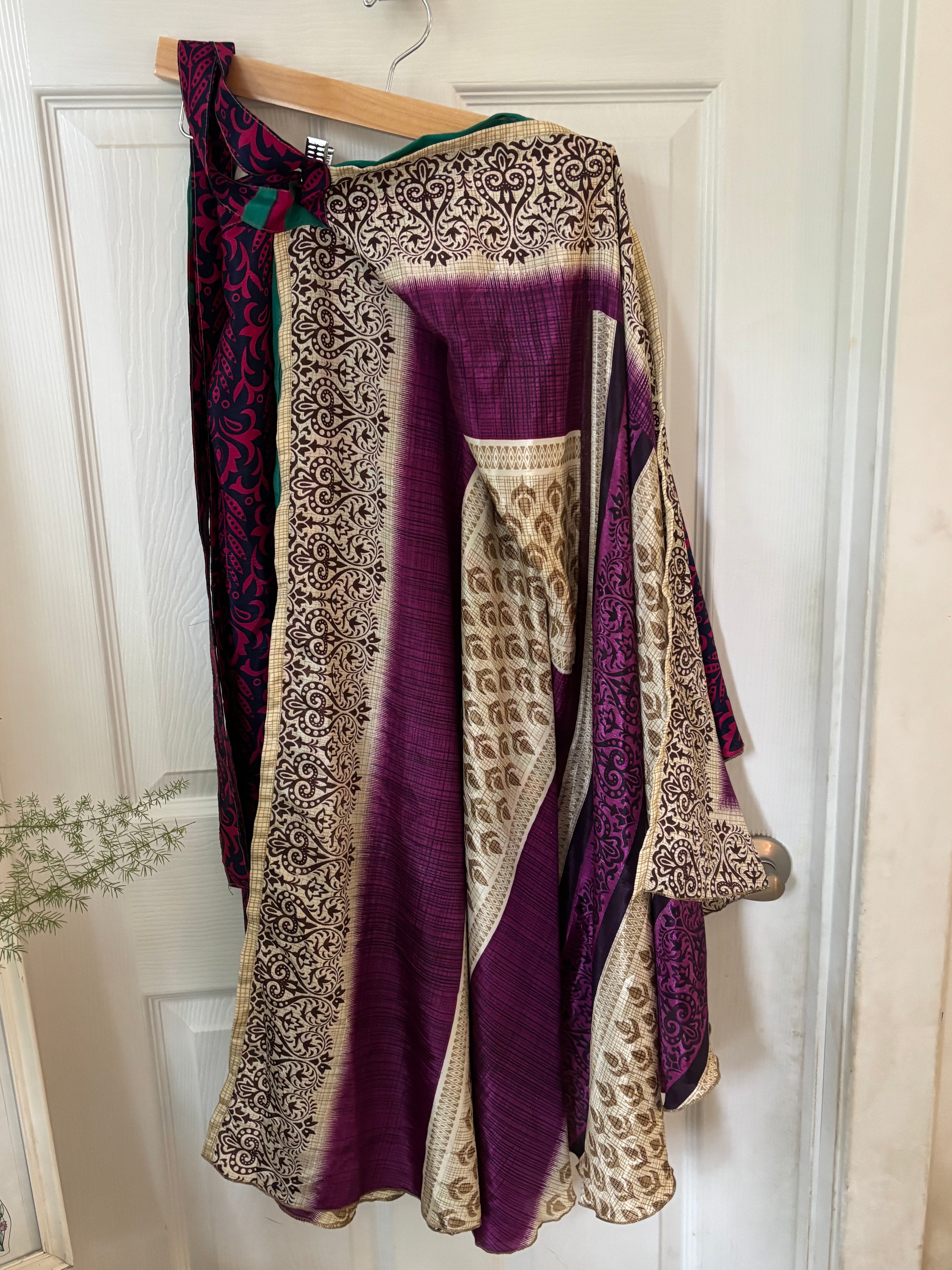 Warfare Worship Skirt | Bohemian Flowy Indian Silk Sari Wrap Skirt - Double Layer , Reversible | Free Flow Dancing Skirt