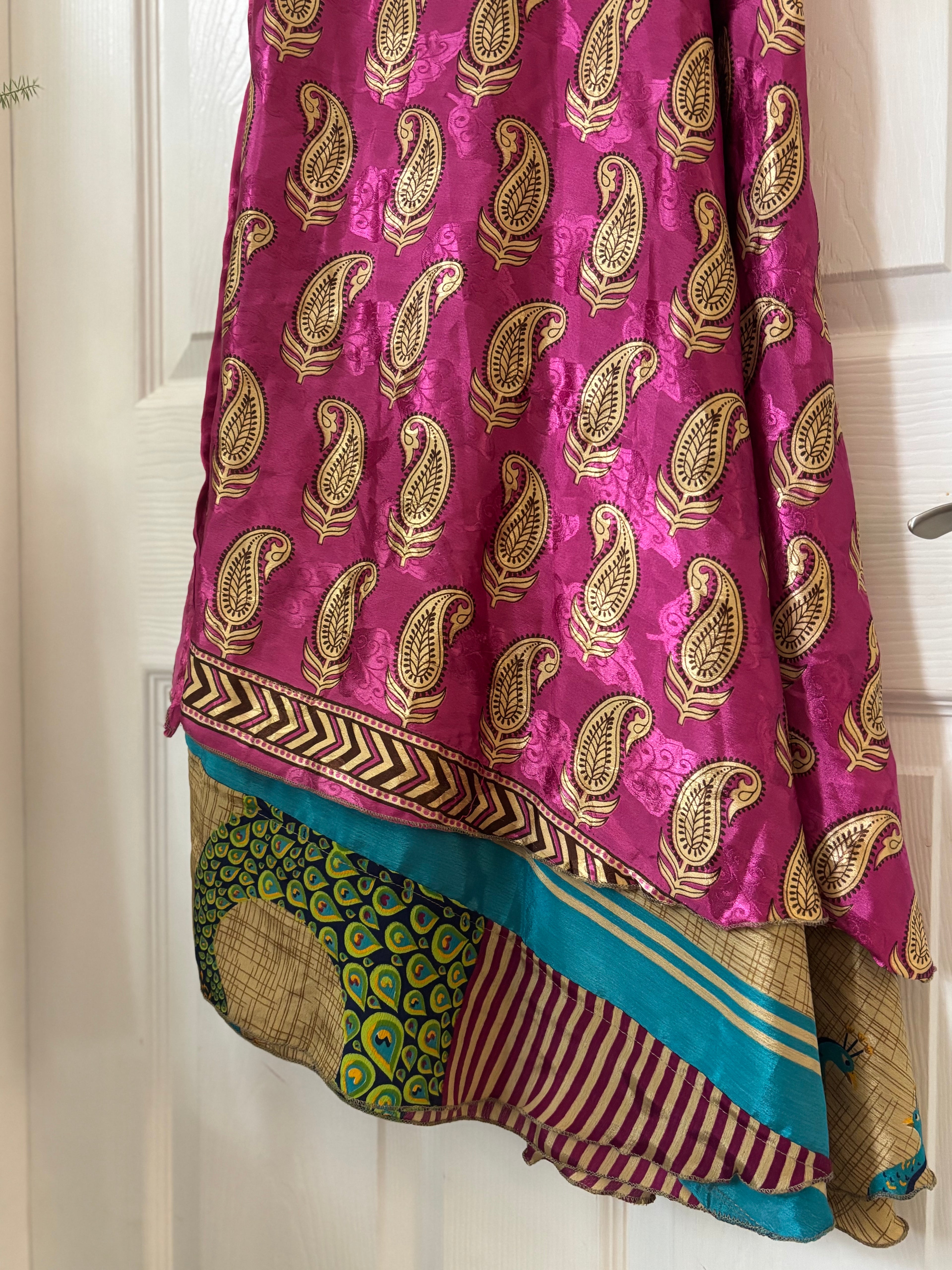 Warfare Worship Skirt | Bohemian Flowy Indian Silk Sari Wrap Skirt - Double Layer , Reversible | Free Flow Dancing Skirt