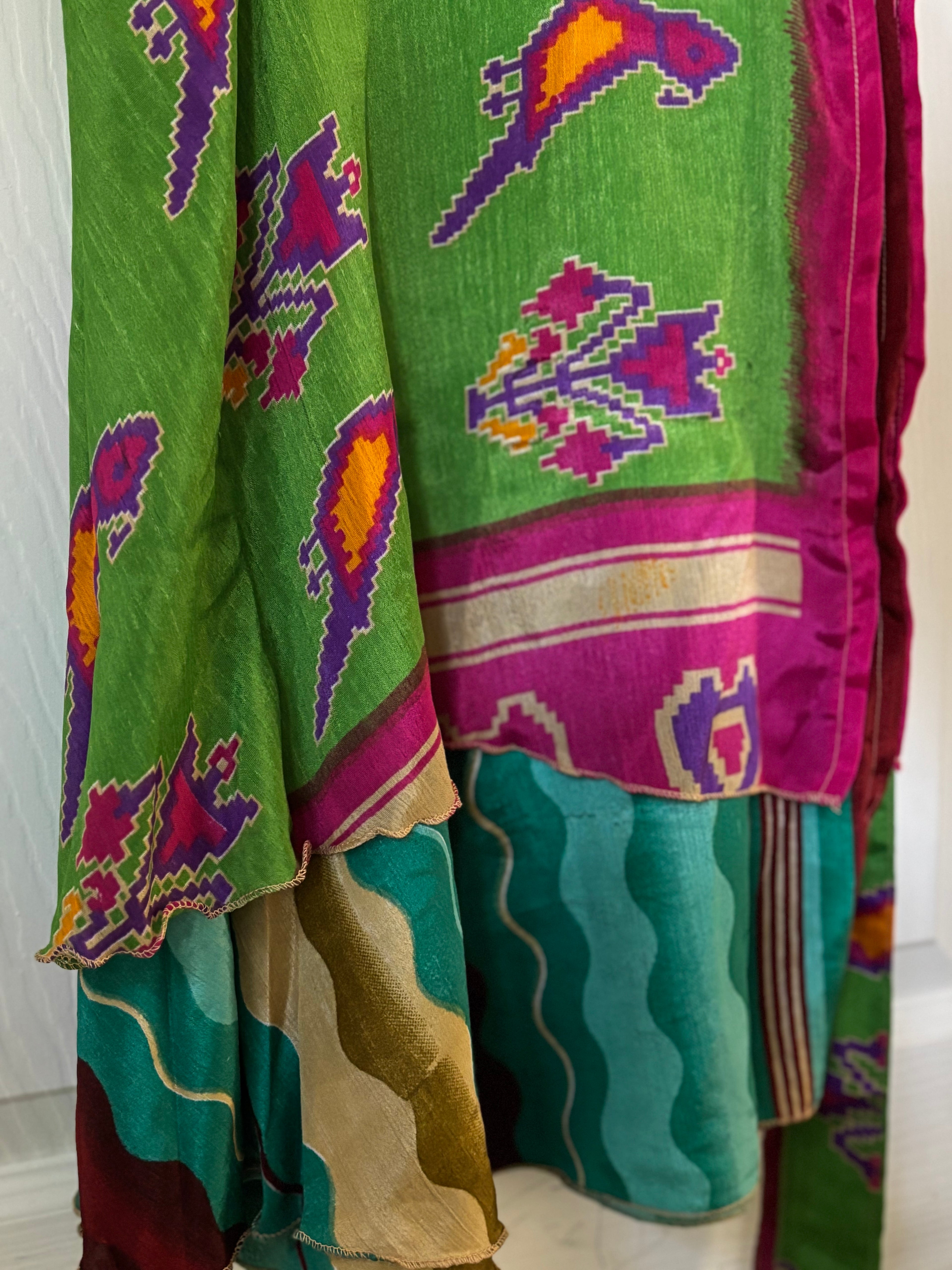 Knee Length Bohemian Flowy Dancing Worship Skirt | Indian Silk Sari Wrap Skirt - Double Layer , Reversible