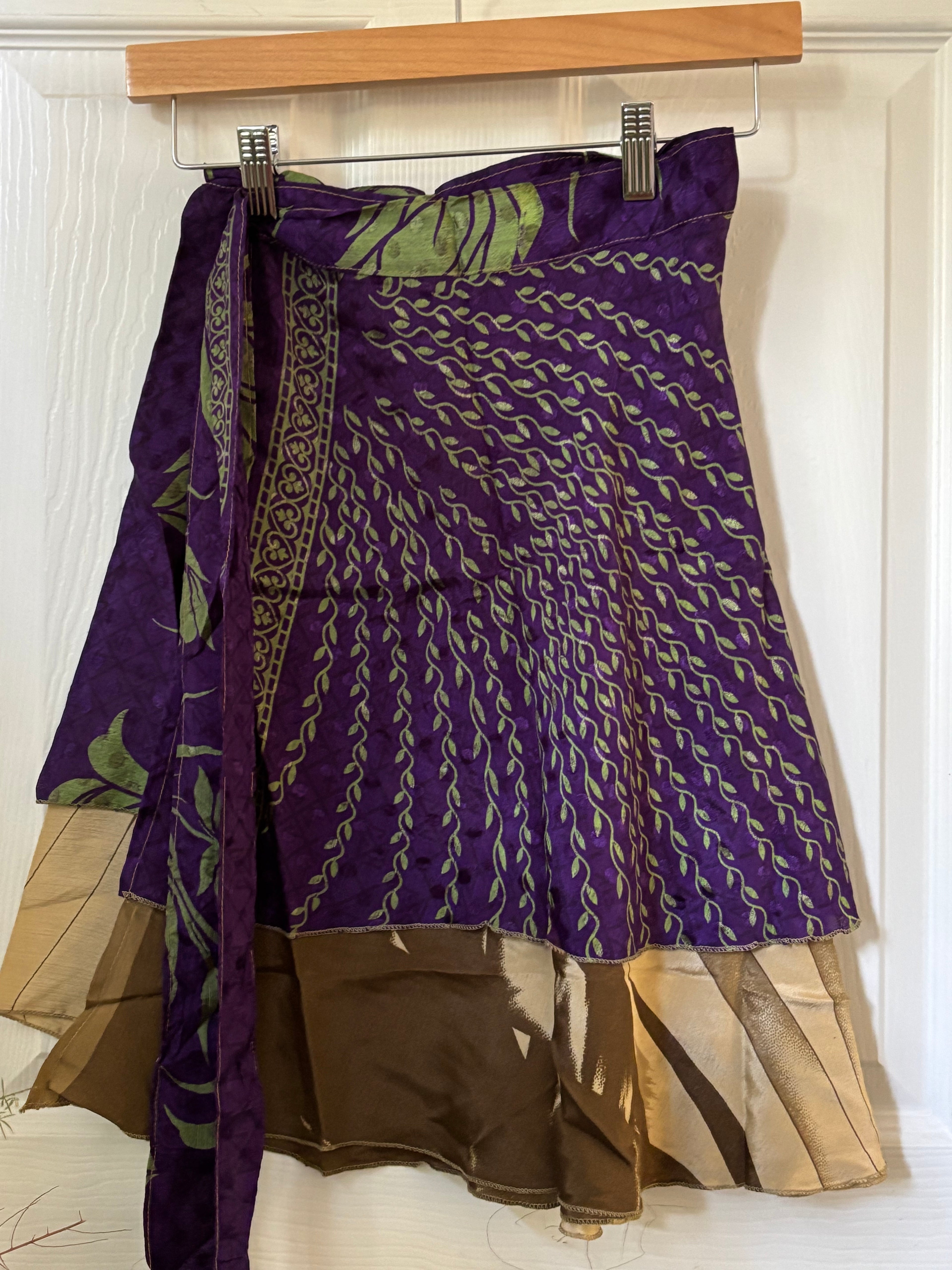 Knee Length Bohemian Flowy Dancing Worship Skirt | Indian Silk Sari Wrap Skirt - Double Layer , Reversible
