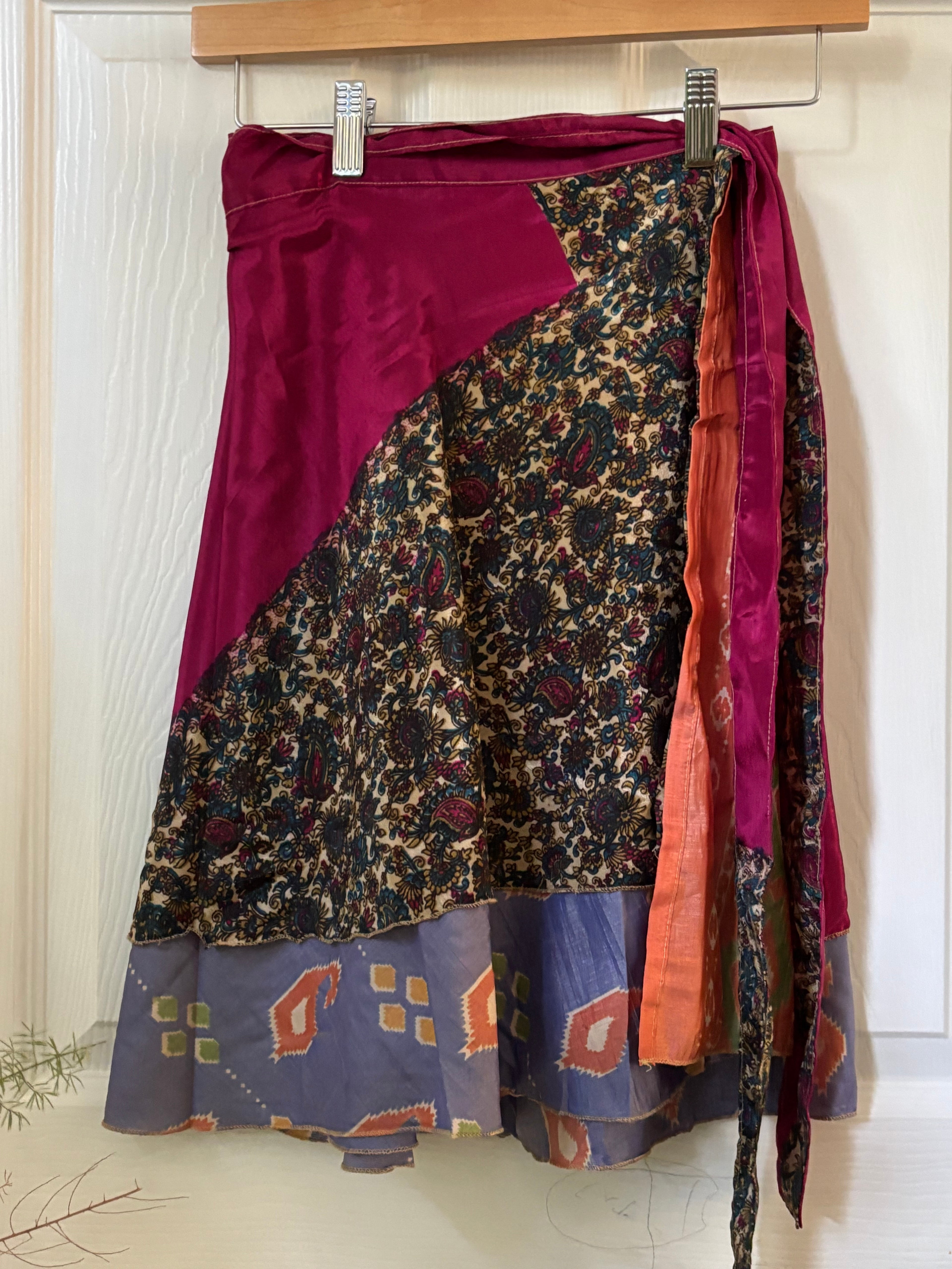 Knee Length Bohemian Flowy Dancing Worship Skirt | Indian Silk Sari Wrap Skirt - Double Layer , Reversible