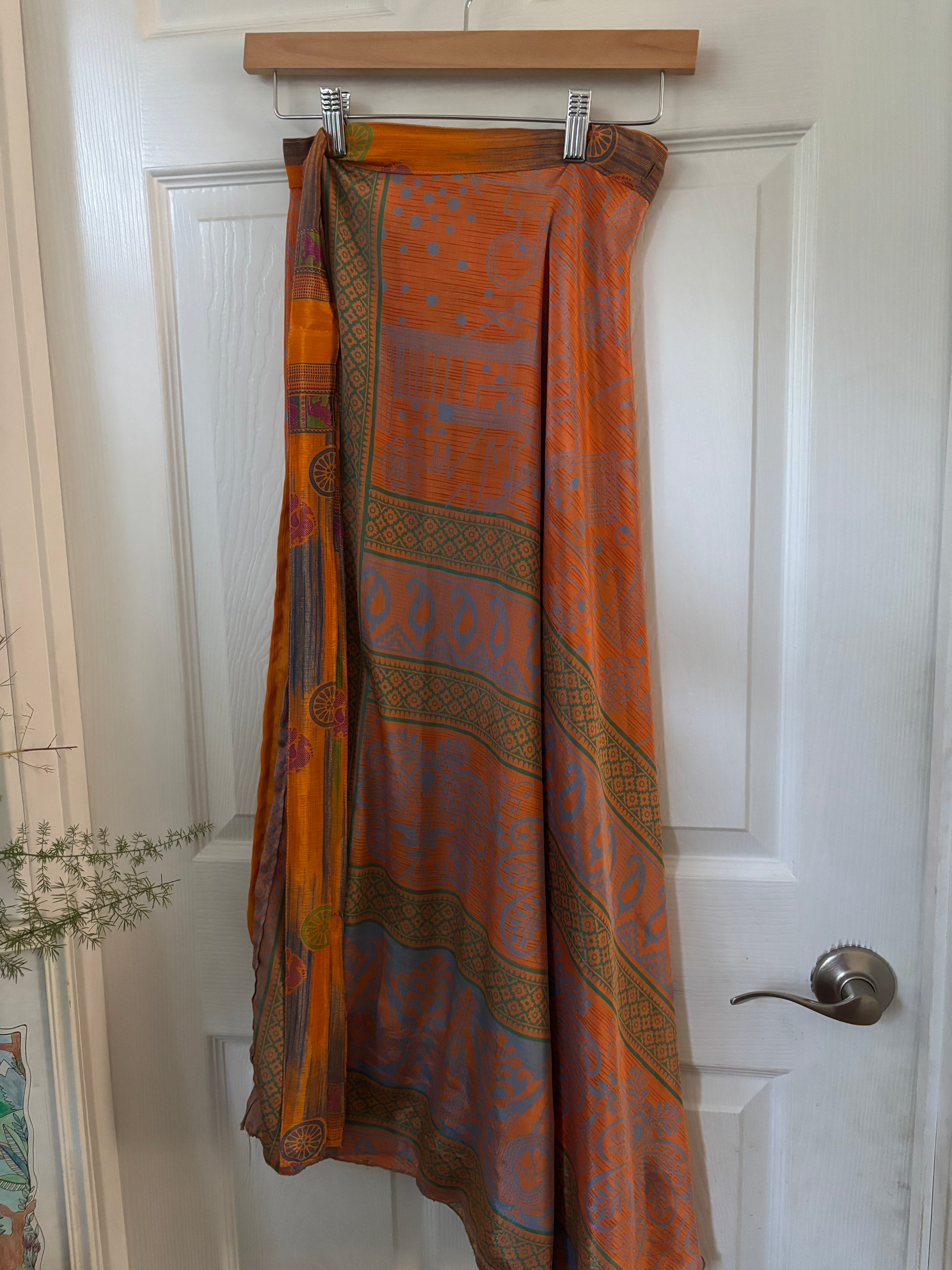 Bohemian Indian Silk Sari Wrap Skirt - Double Layer , Reversible | Free Flow Dancing Skirt