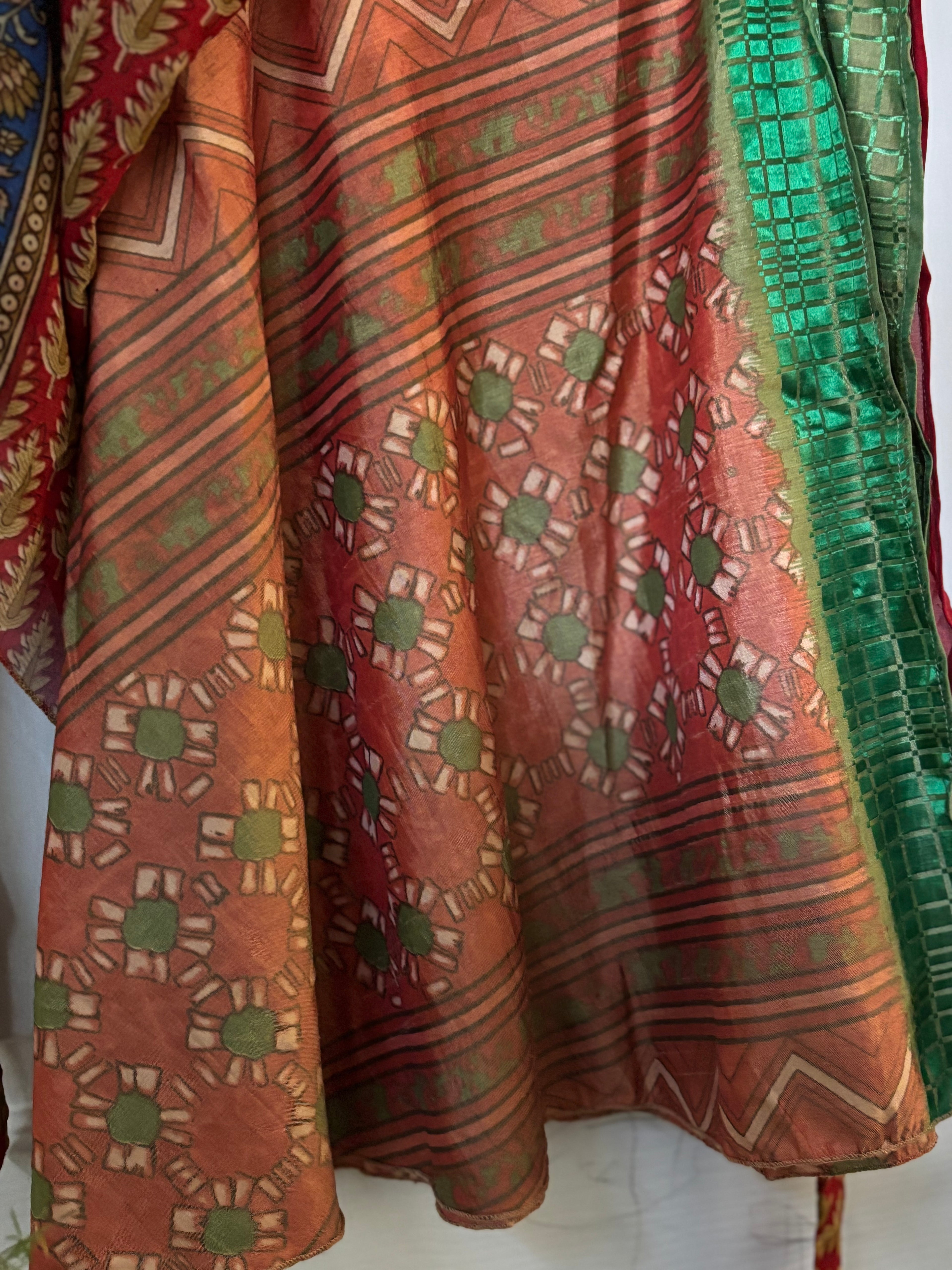 Knee Length Bohemian Flowy Dancing Worship Skirt | Indian Silk Sari Wrap Skirt - Double Layer , Reversible