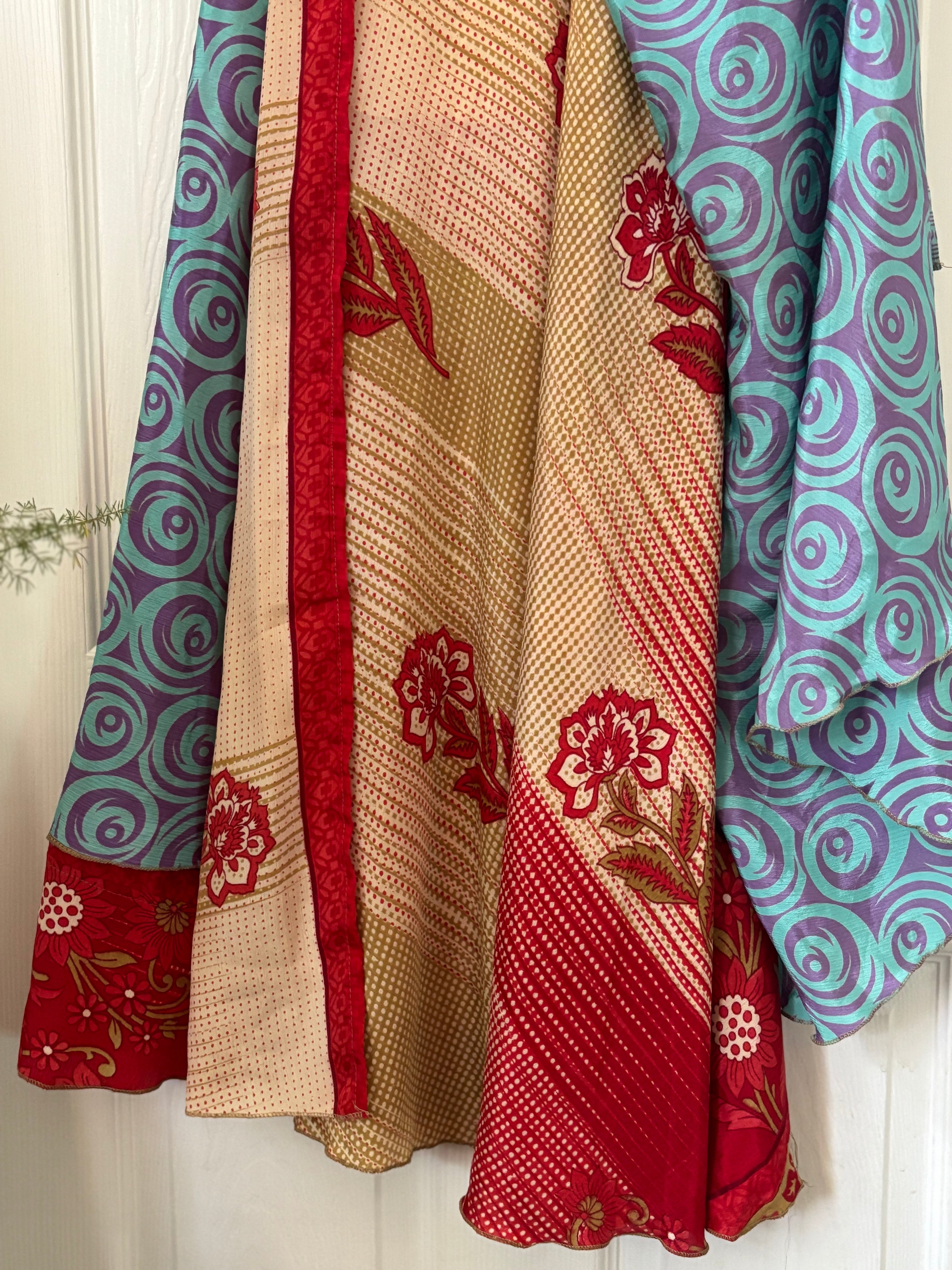 Bohemian Flowy Indian Silk Sari Wrap Skirt - Double Layer , Reversible | Free Flow Dancing Skirt