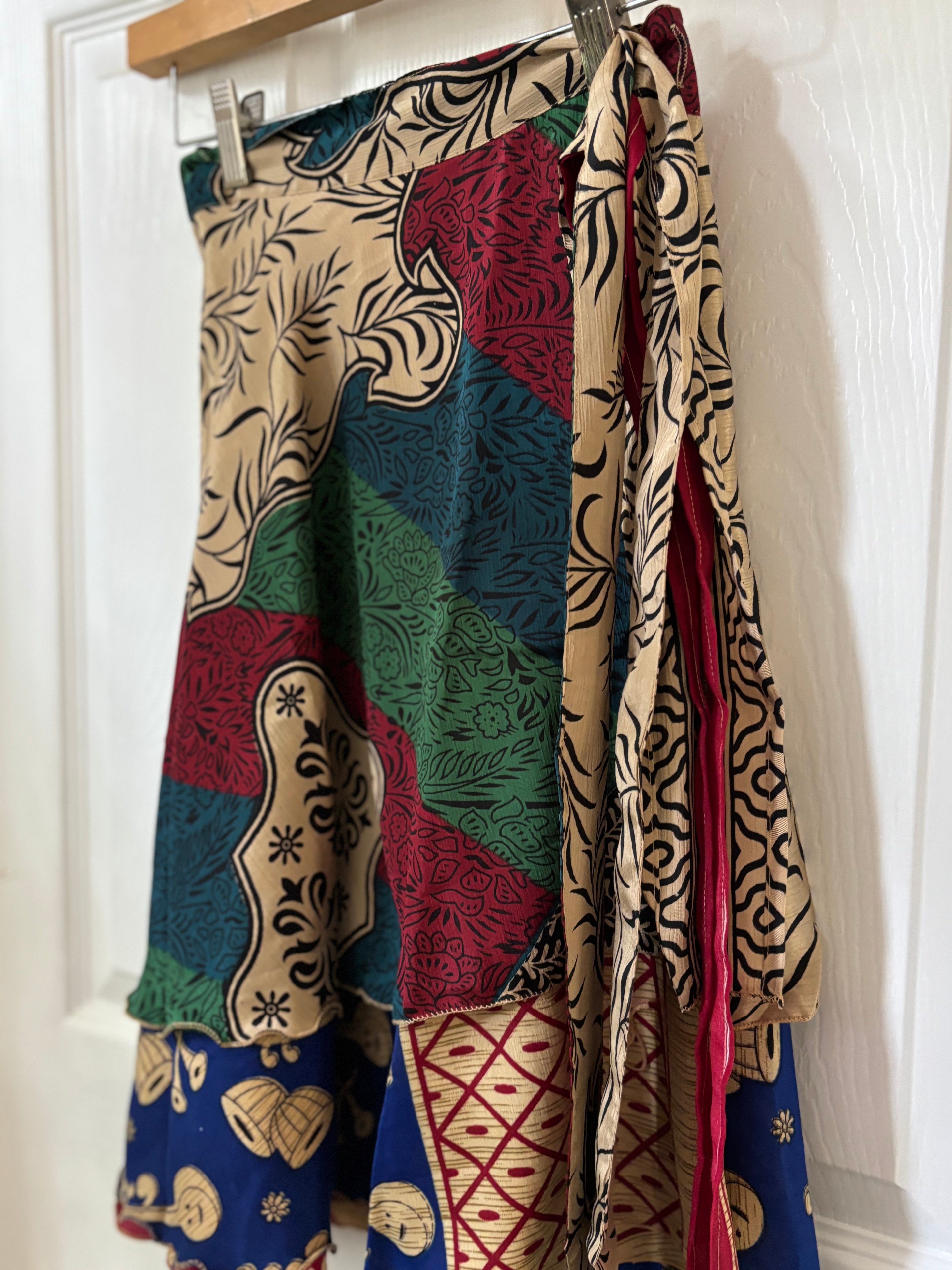 Knee Length Bohemian Flowy Dancing Worship Skirt | Indian Silk Sari Wrap Skirt - Double Layer , Reversible