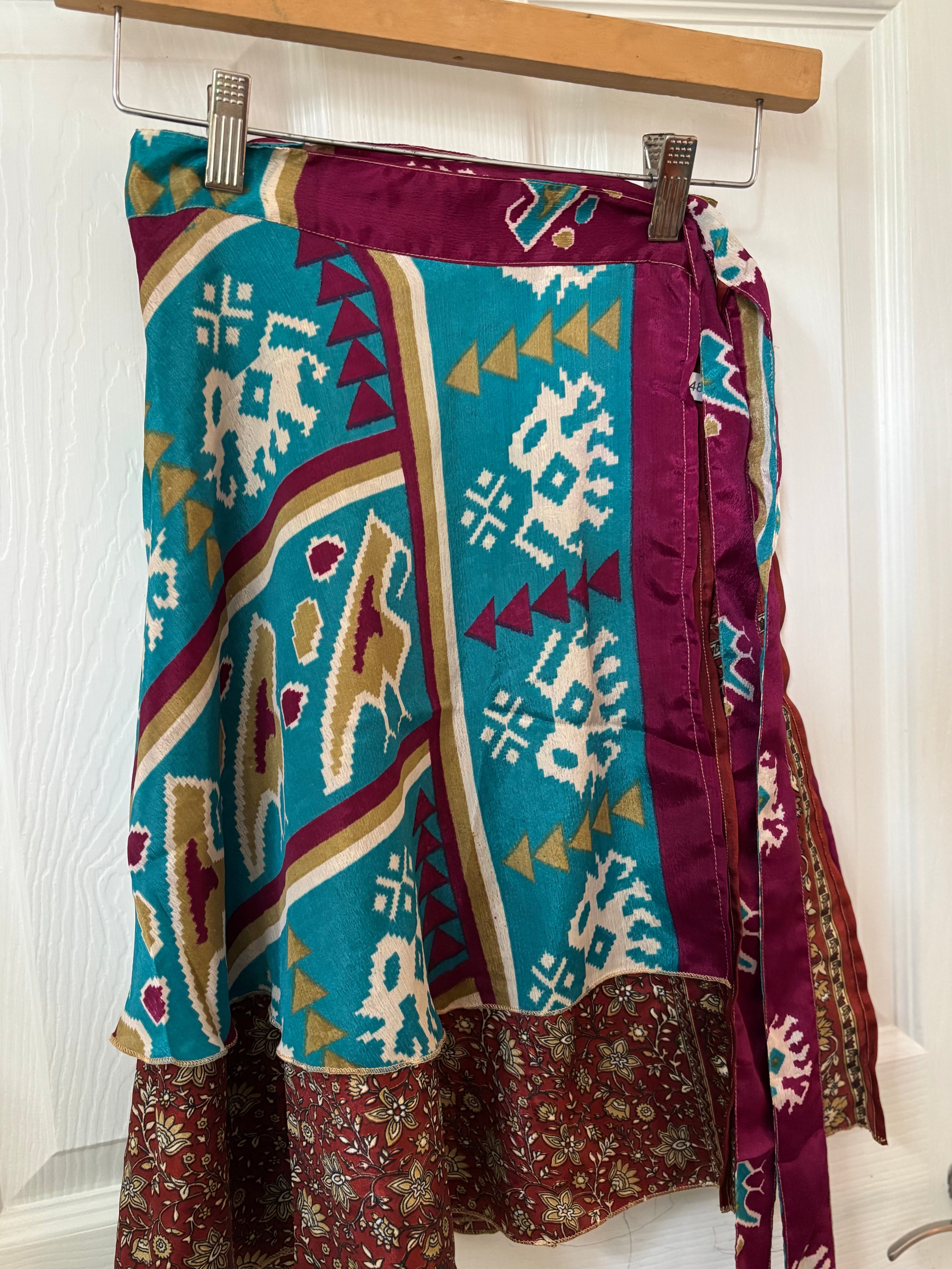Knee Length Bohemian Flowy Dancing Worship Skirt | Indian Silk Sari Wrap Skirt - Double Layer , Reversible
