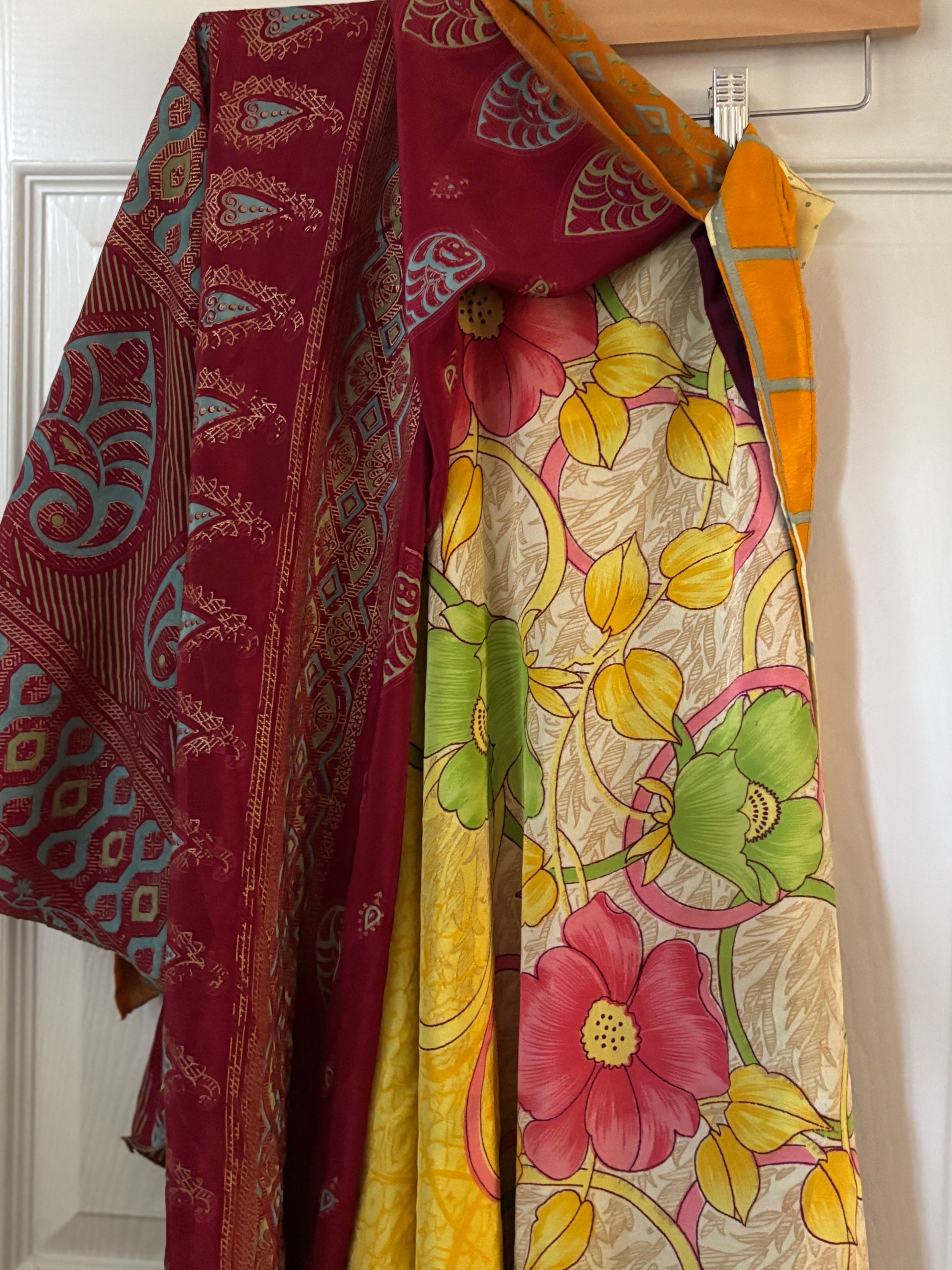 Bohemian Flowy Indian Silk Sari Wrap Skirt - Double Layer , Reversible | Free Flow Dancing Skirt