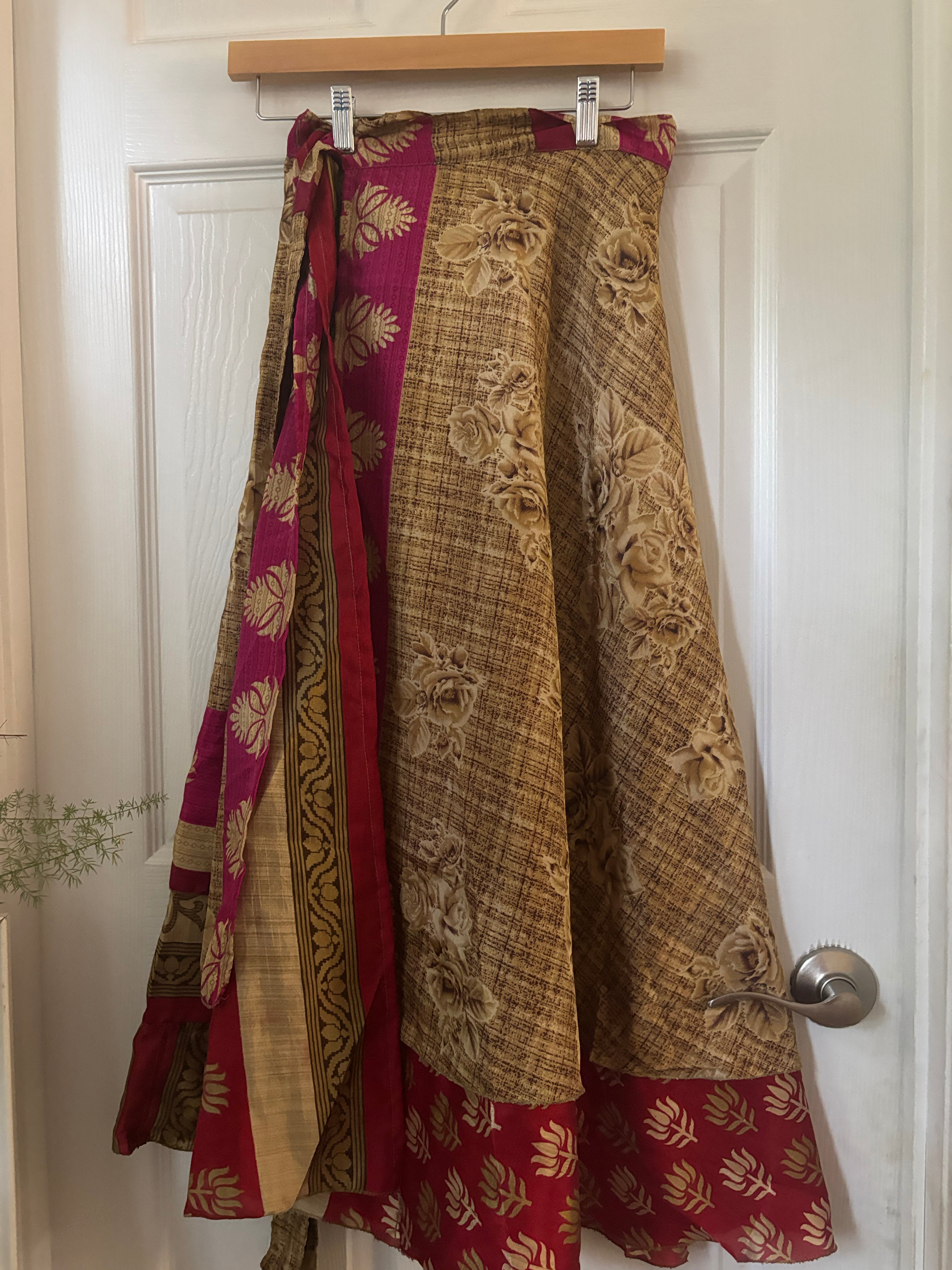 Bohemian Flowy Indian Silk Sari Wrap Skirt - Double Layer , Reversible | Free Flow Dancing Skirt