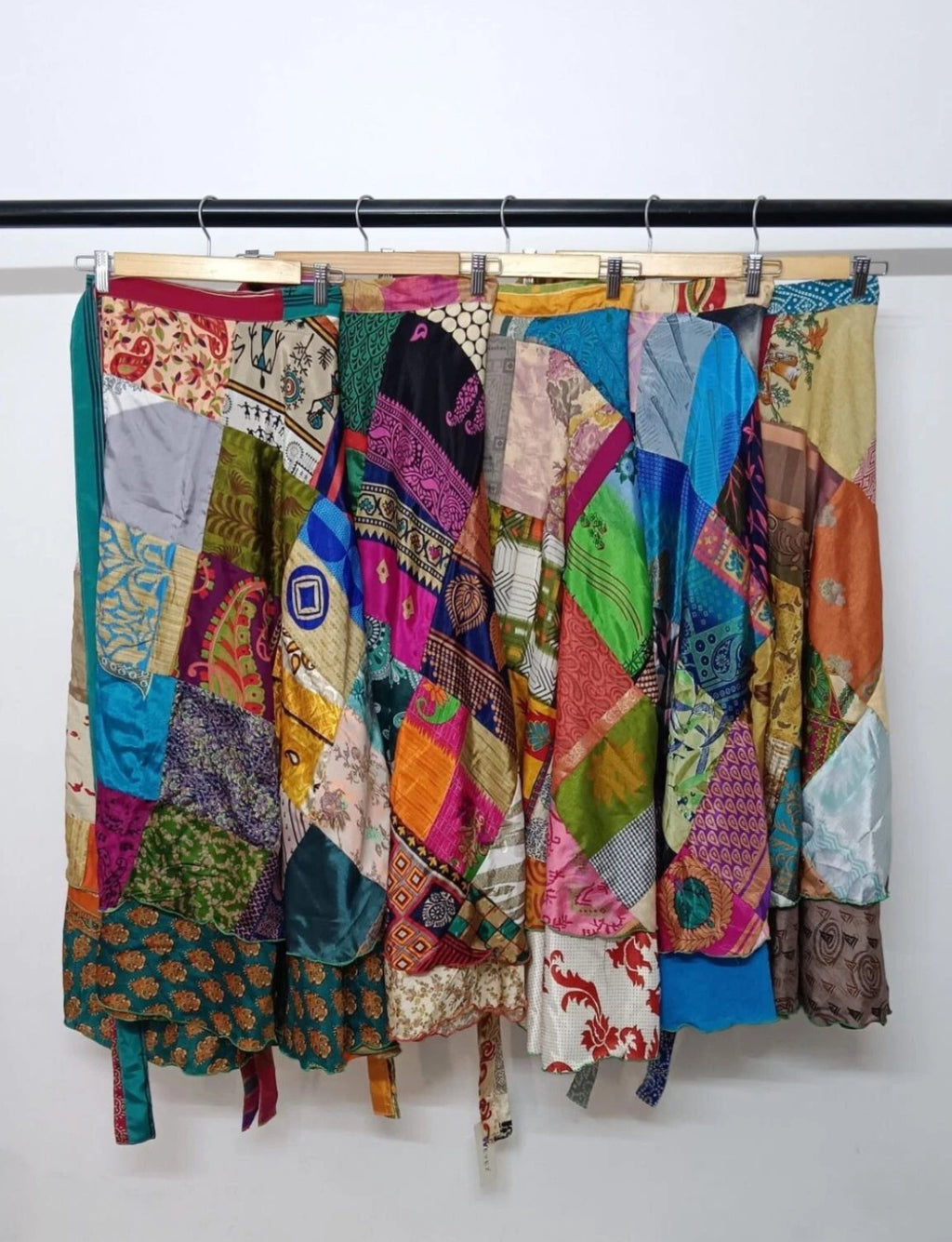 Bohemian Patchwork Flowy Indian Silk Sari Wrap Skirt - Double Layer , Reversible | Free Flow Dancing Skirt
