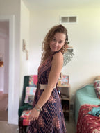 Boho Indian Silk Dress Low Strappy Back | Navy + Peach