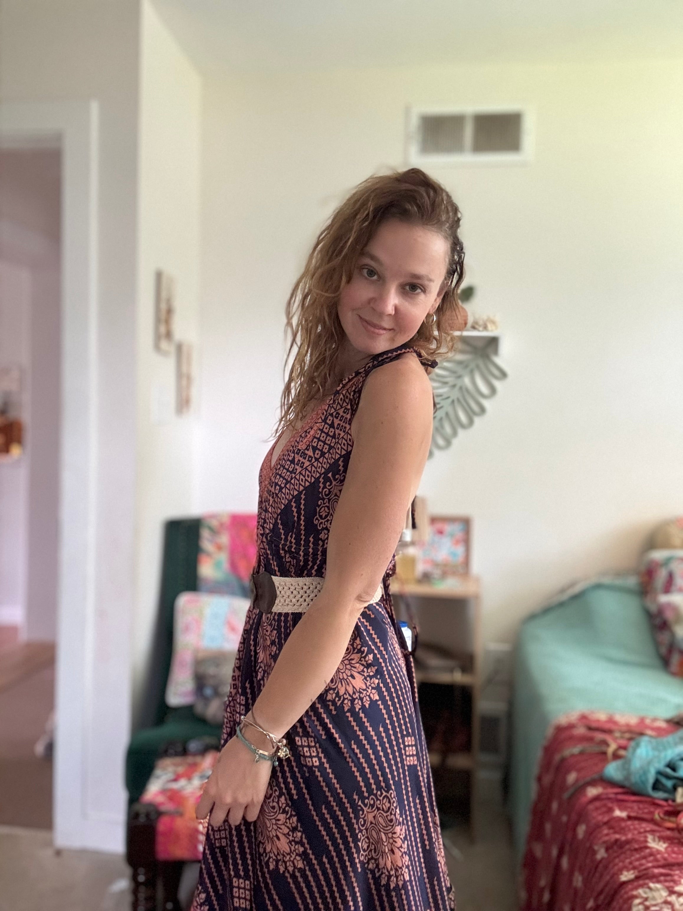 Boho Indian Silk Dress Low Strappy Back | Navy + Peach