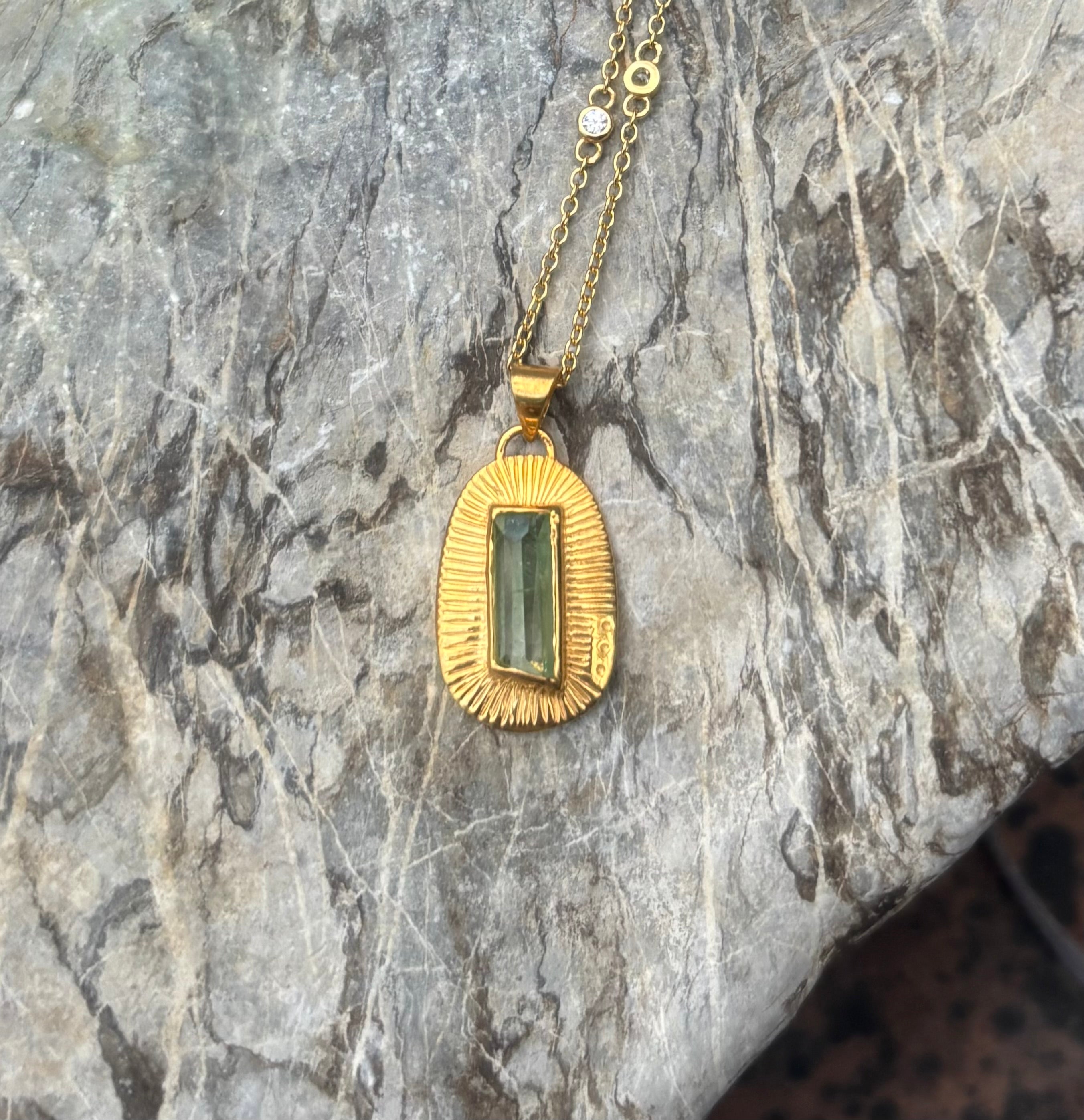 14k Gold Bicolor Green Ombre Tourmaline Sunburst Necklace