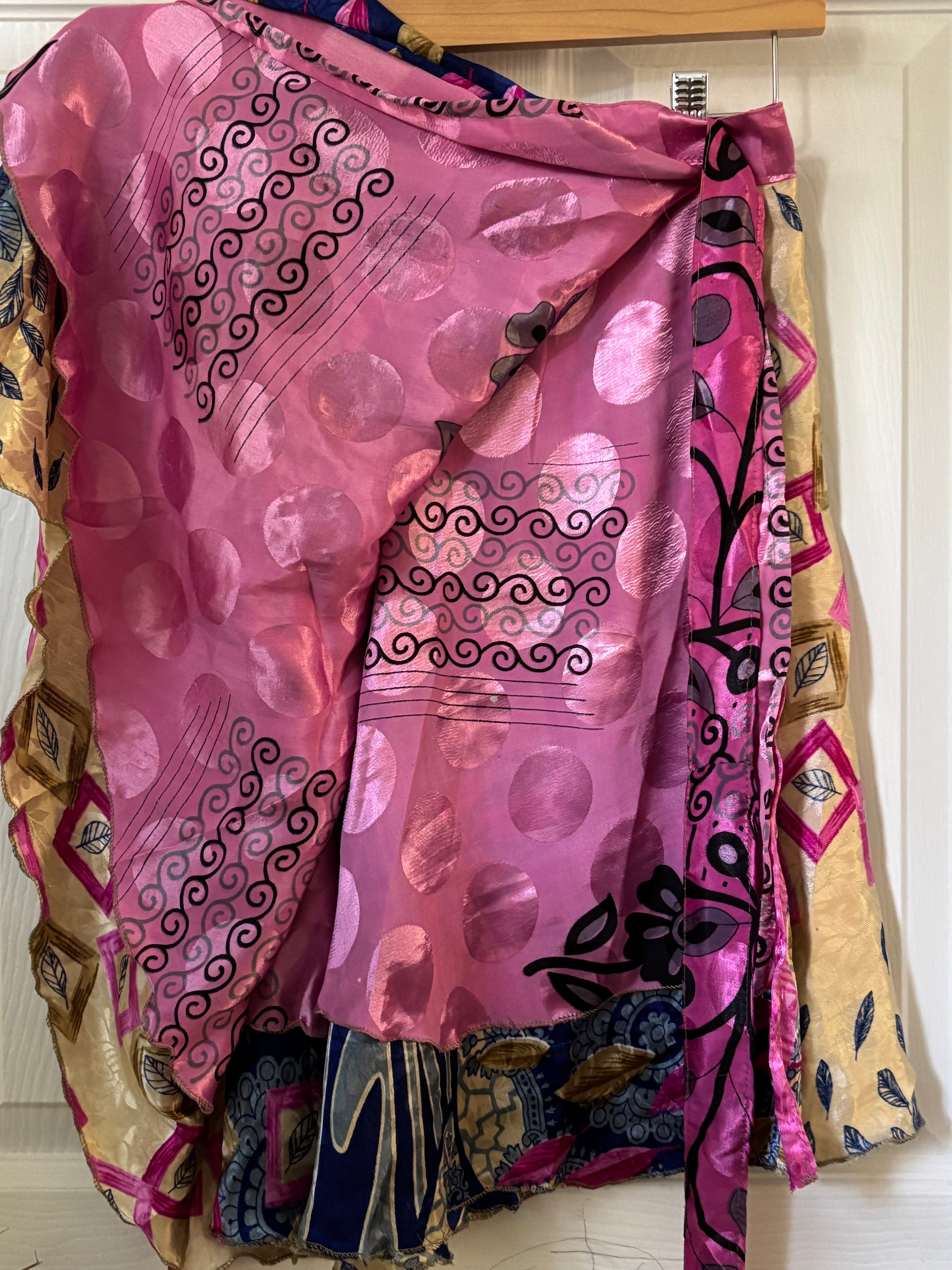 Knee Length Bohemian Flowy Dancing Worship Skirt | Indian Silk Sari Wrap Skirt - Double Layer , Reversible