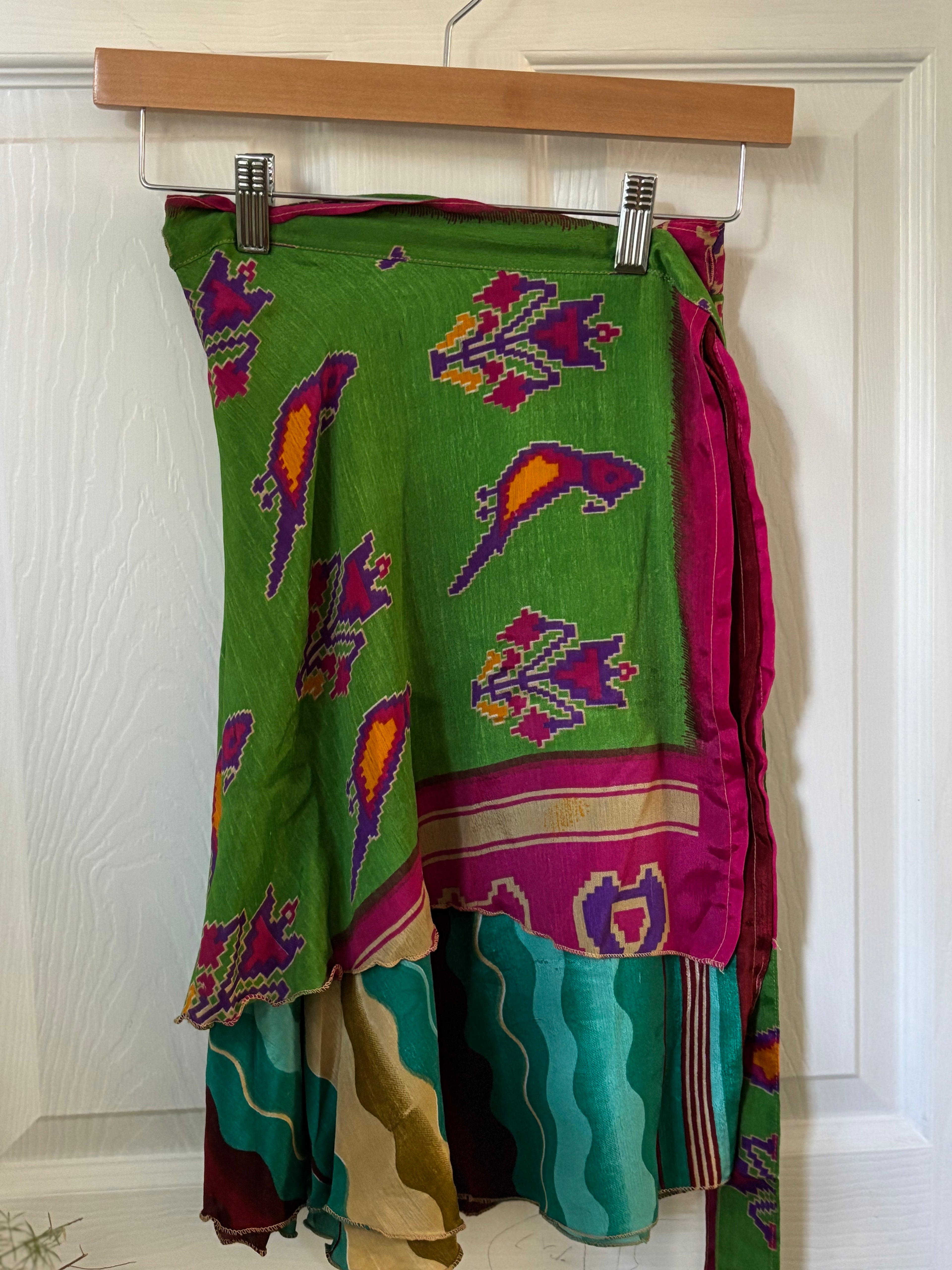 Knee Length Bohemian Flowy Dancing Worship Skirt | Indian Silk Sari Wrap Skirt - Double Layer , Reversible