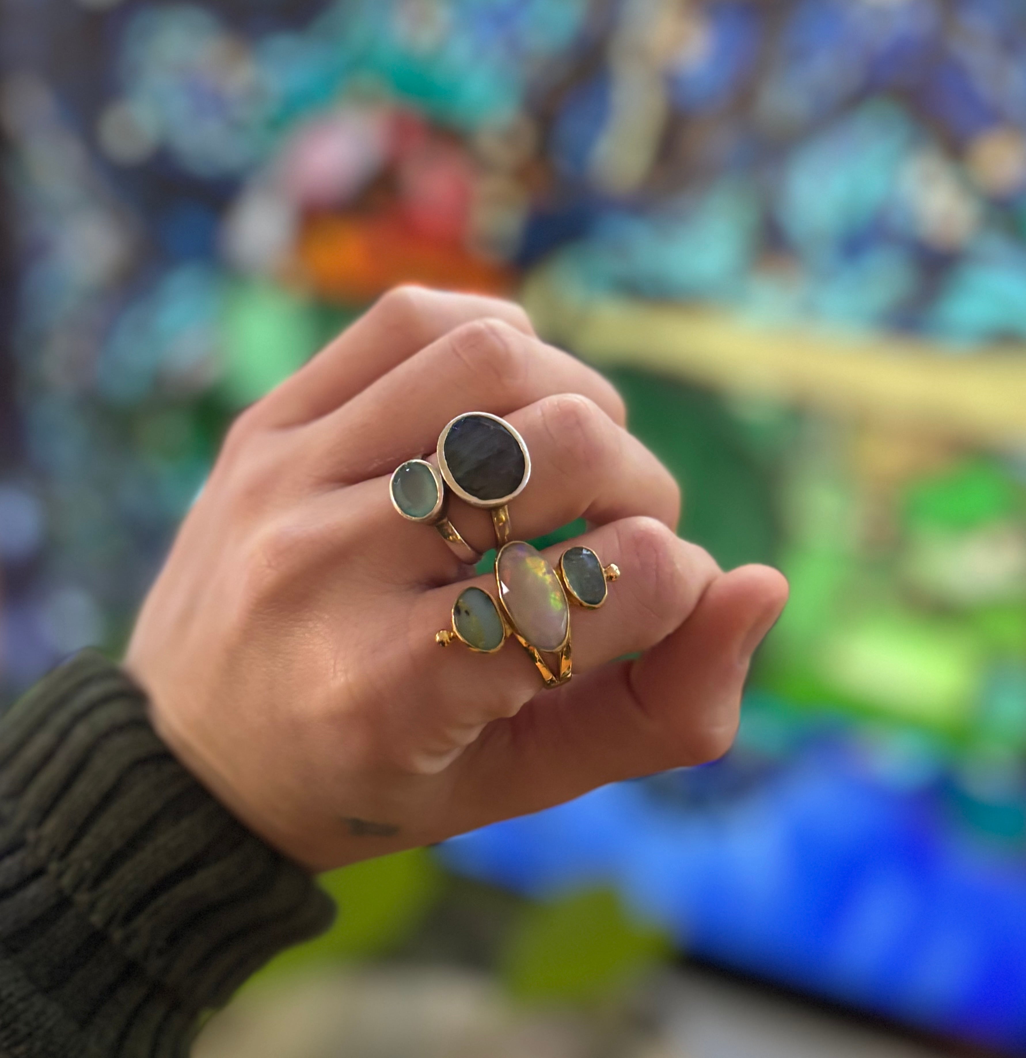 Daughter of the King Triple Stone Ring ~ 14K Gold over 925 Sterling Silver | Opal, Kyanite & Peruvian Opal | Size 8.5