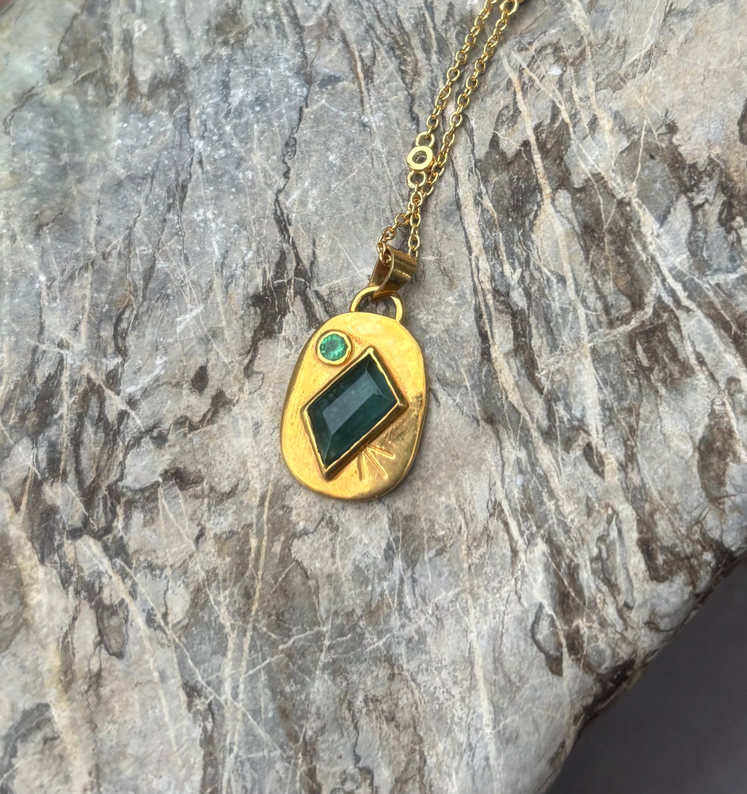 14k Gold Tourmaline + Zambian Emerald Etched Oval Coin Necklace