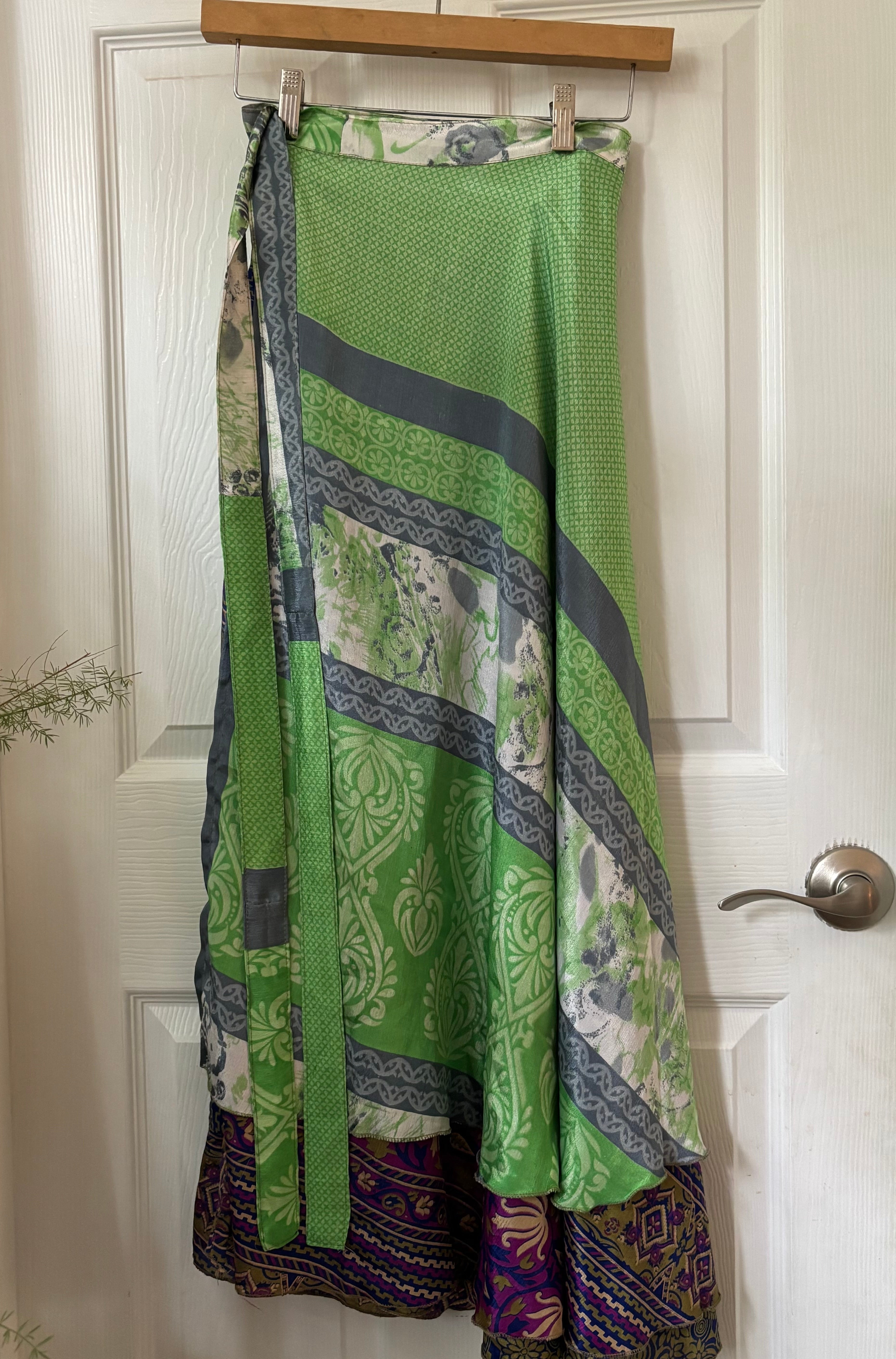 Warfare Worship Skirt | Bohemian Flowy Indian Silk Sari Wrap Skirt - Double Layer , Reversible | Free Flow Dancing Skirt