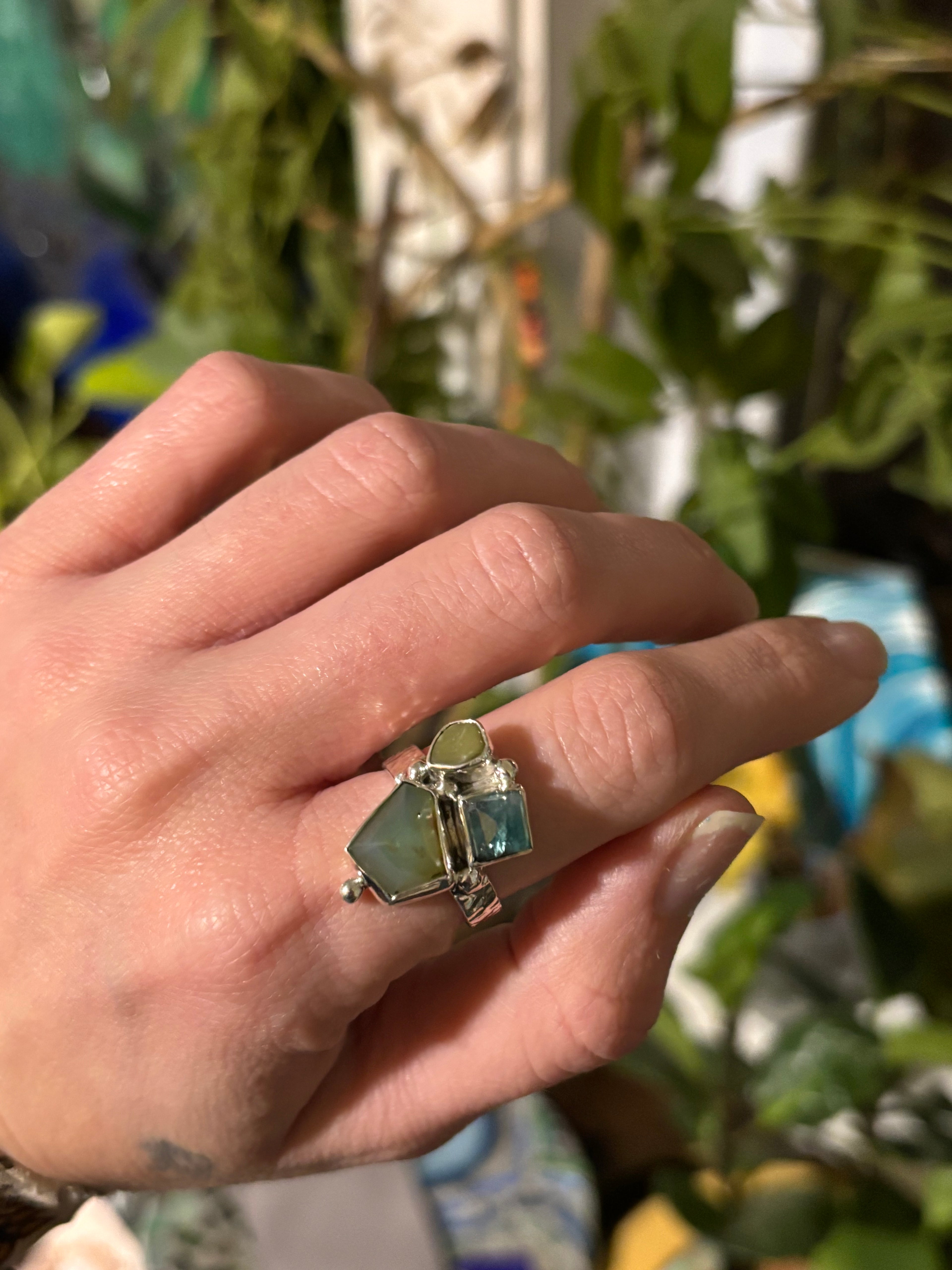 CUSTOM Ring ~ 925 Sterling Silver | Peruvian Opal + Jade + Tourmaline | Size 8