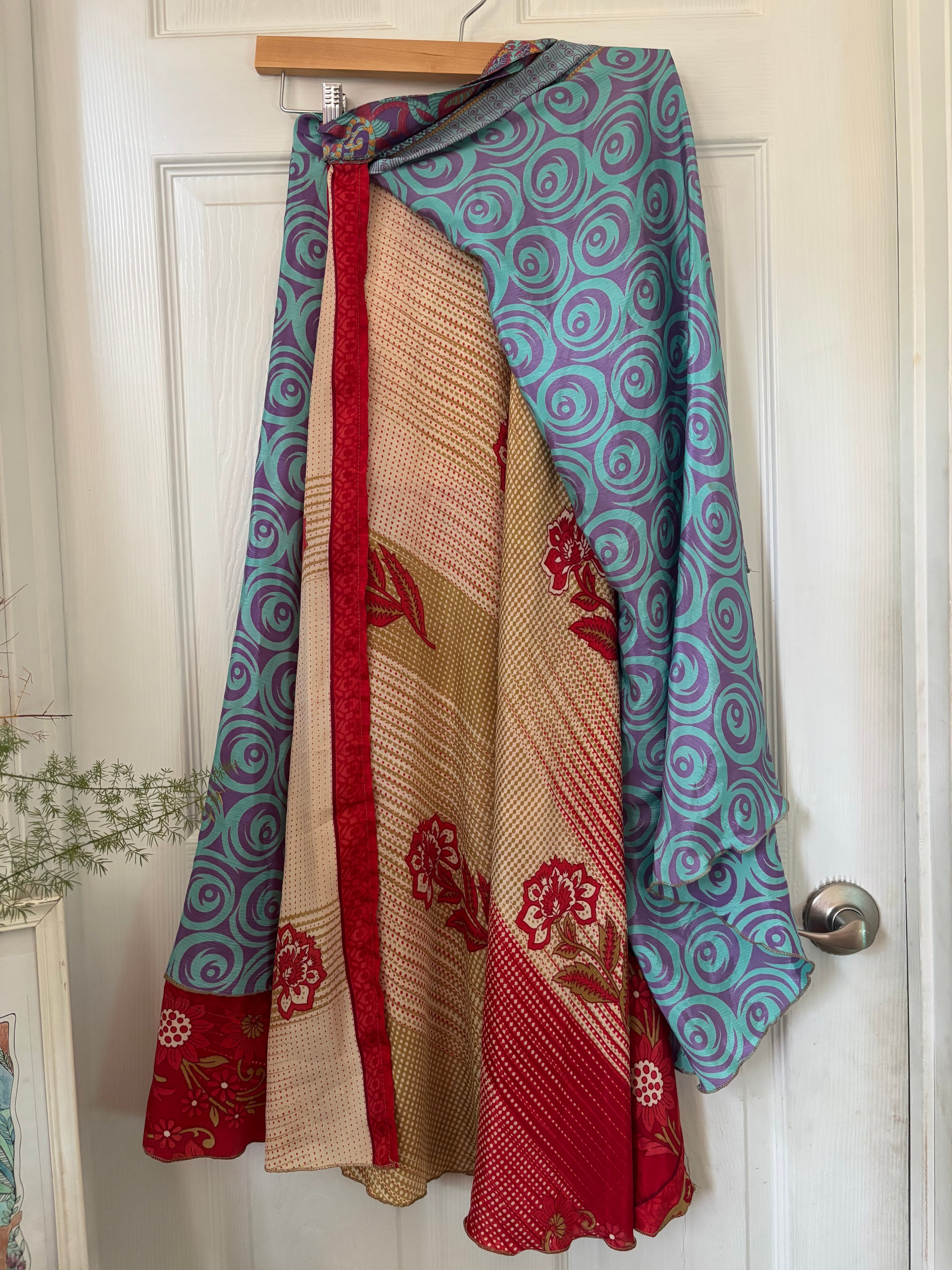 Bohemian Flowy Indian Silk Sari Wrap Skirt - Double Layer , Reversible | Free Flow Dancing Skirt