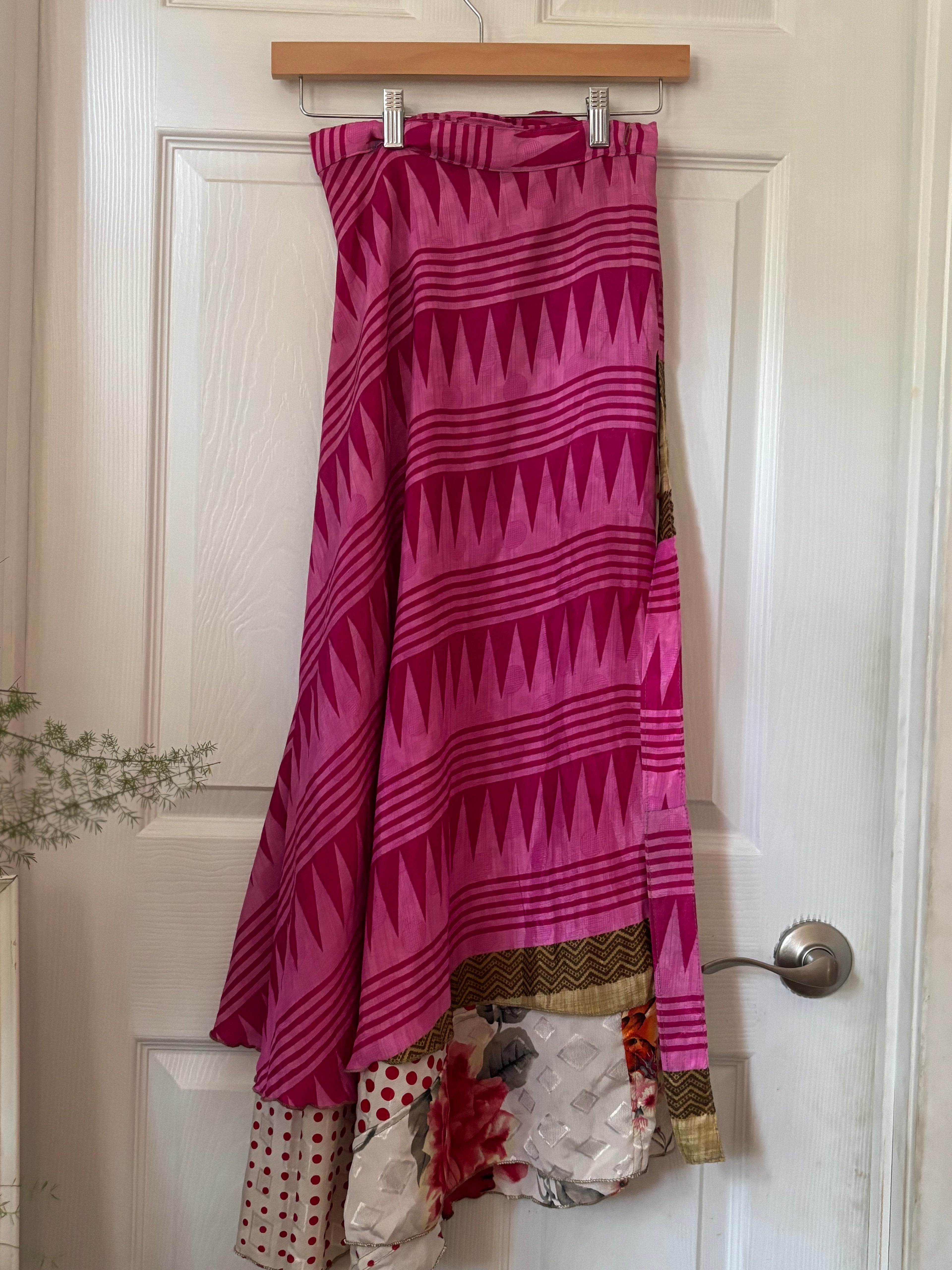 Bohemian Flowy Indian Silk Sari Wrap Skirt - Double Layer , Reversible | Free Flow Dancing Skirt