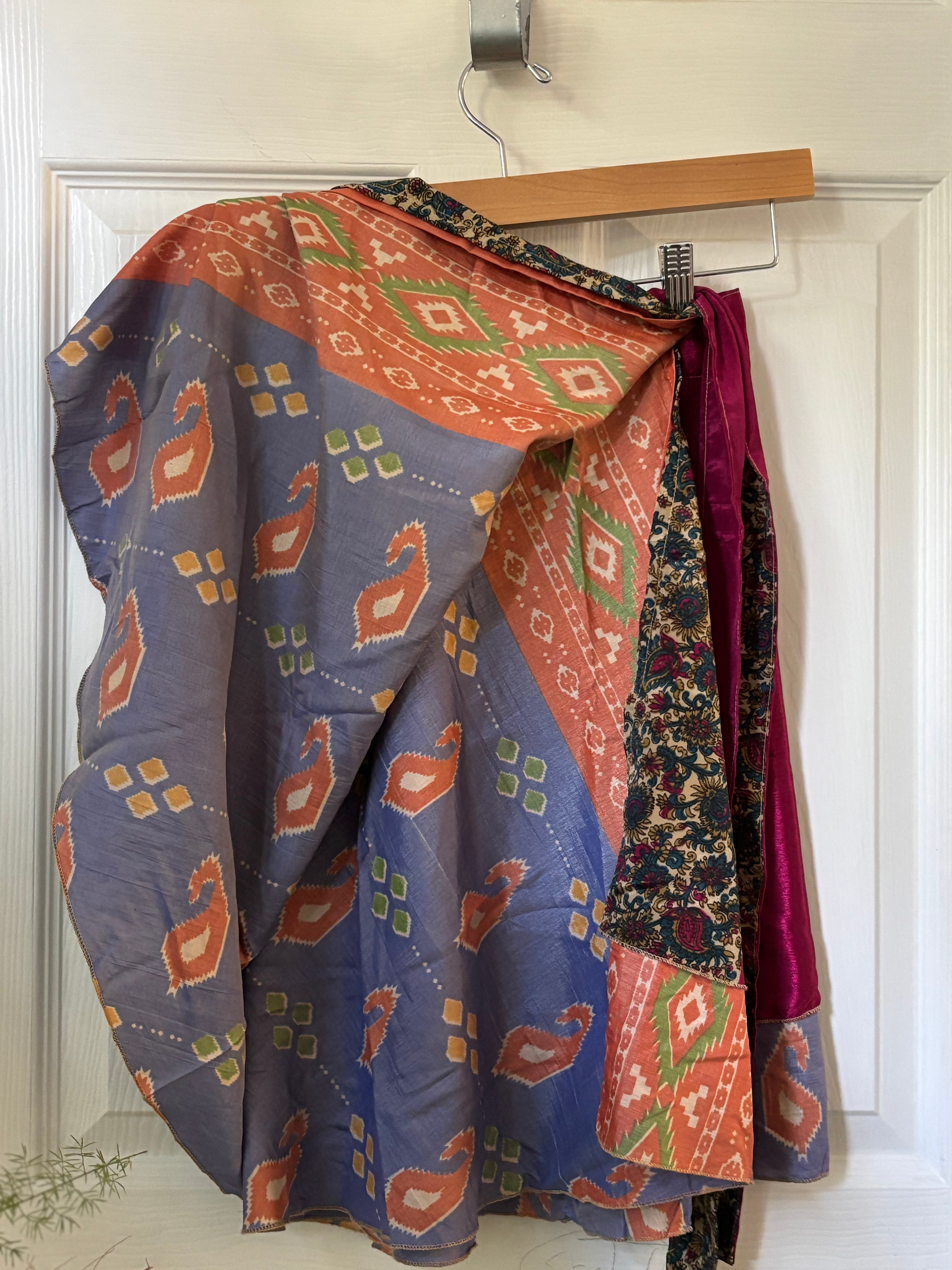 Knee Length Bohemian Flowy Dancing Worship Skirt | Indian Silk Sari Wrap Skirt - Double Layer , Reversible