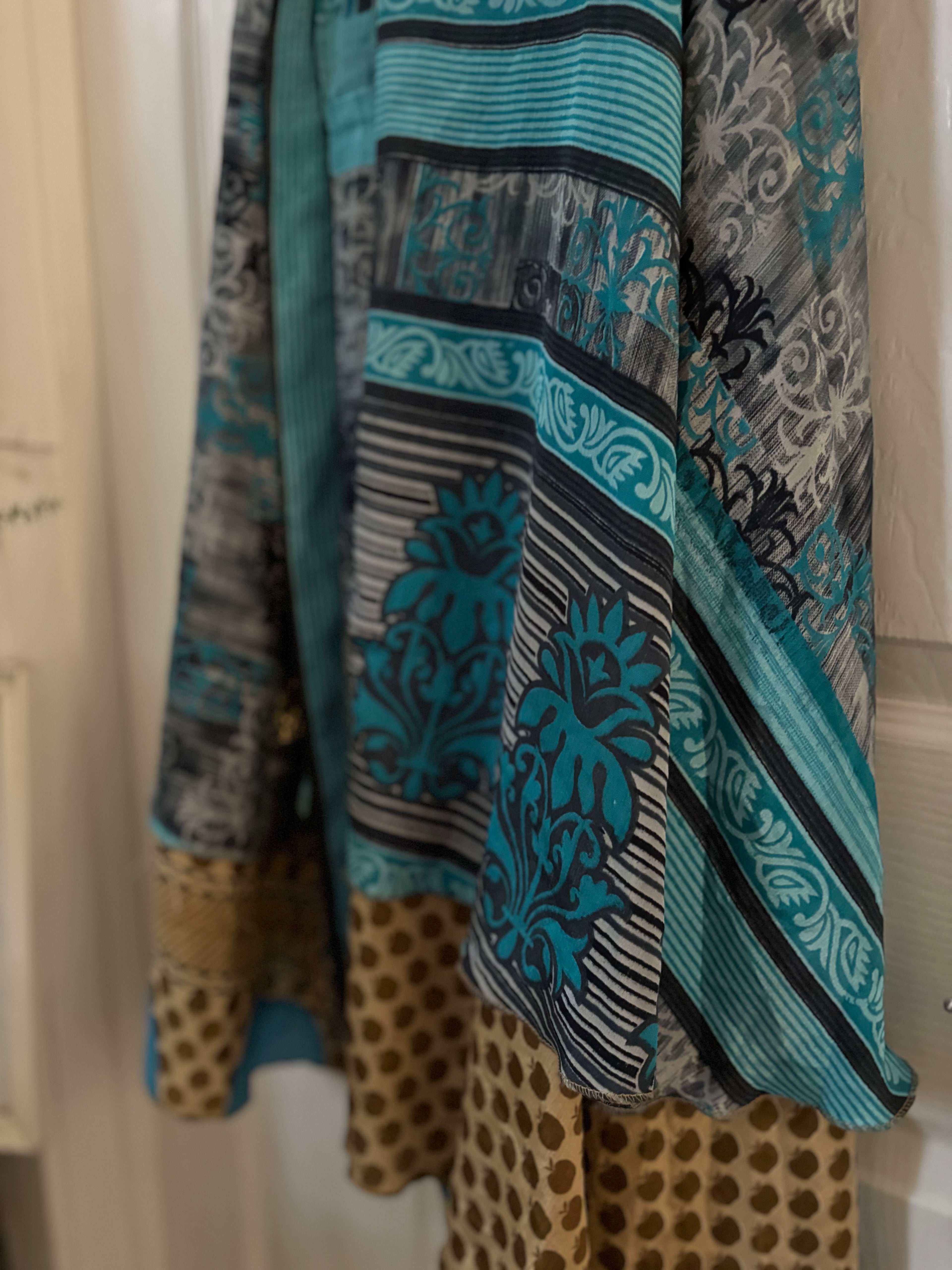 Bohemian Indian Silk Sari Wrap Skirt - Double Layer , Reversible | Free Flow Dancing Skirt