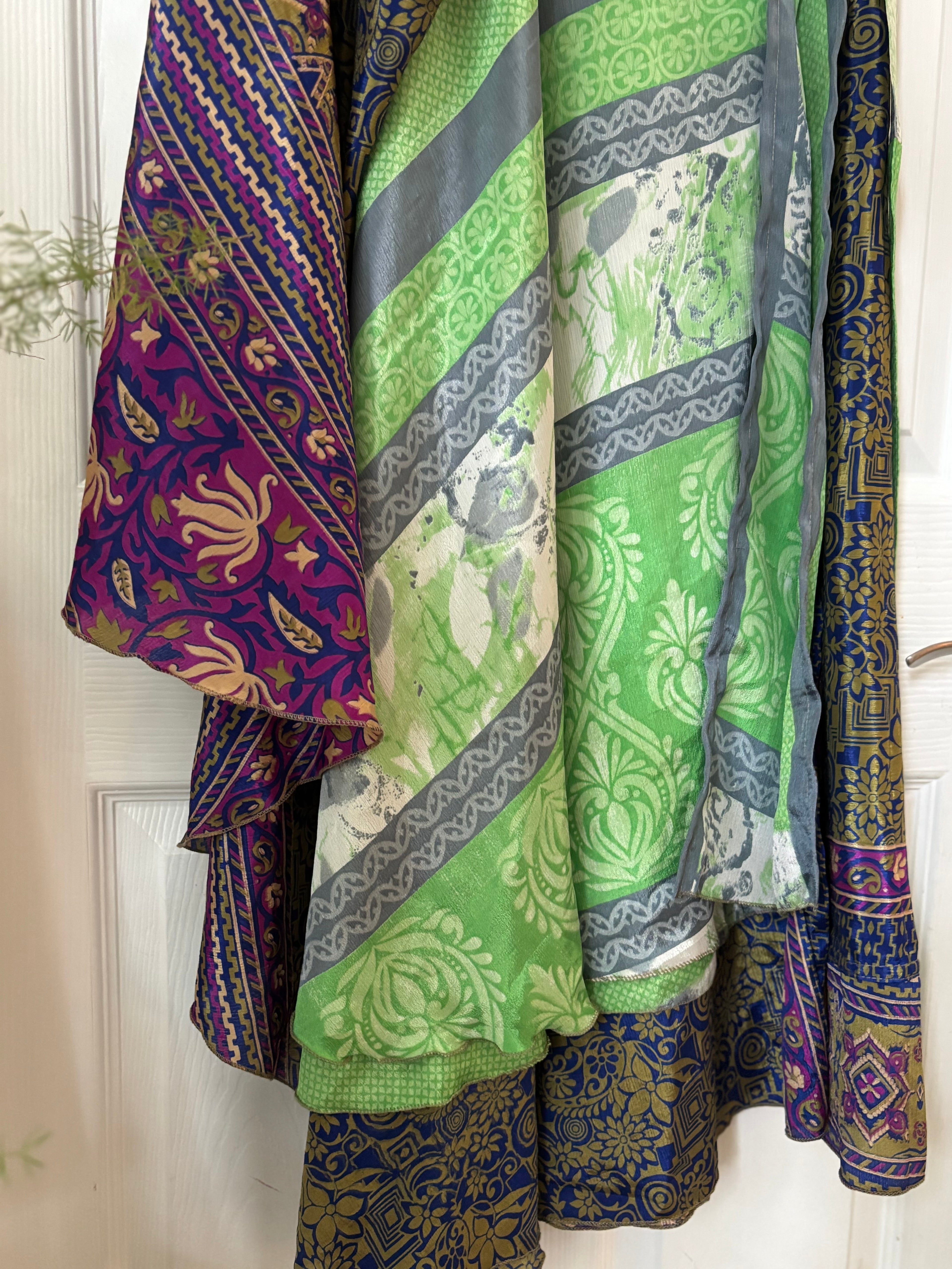 Warfare Worship Skirt | Bohemian Flowy Indian Silk Sari Wrap Skirt - Double Layer , Reversible | Free Flow Dancing Skirt