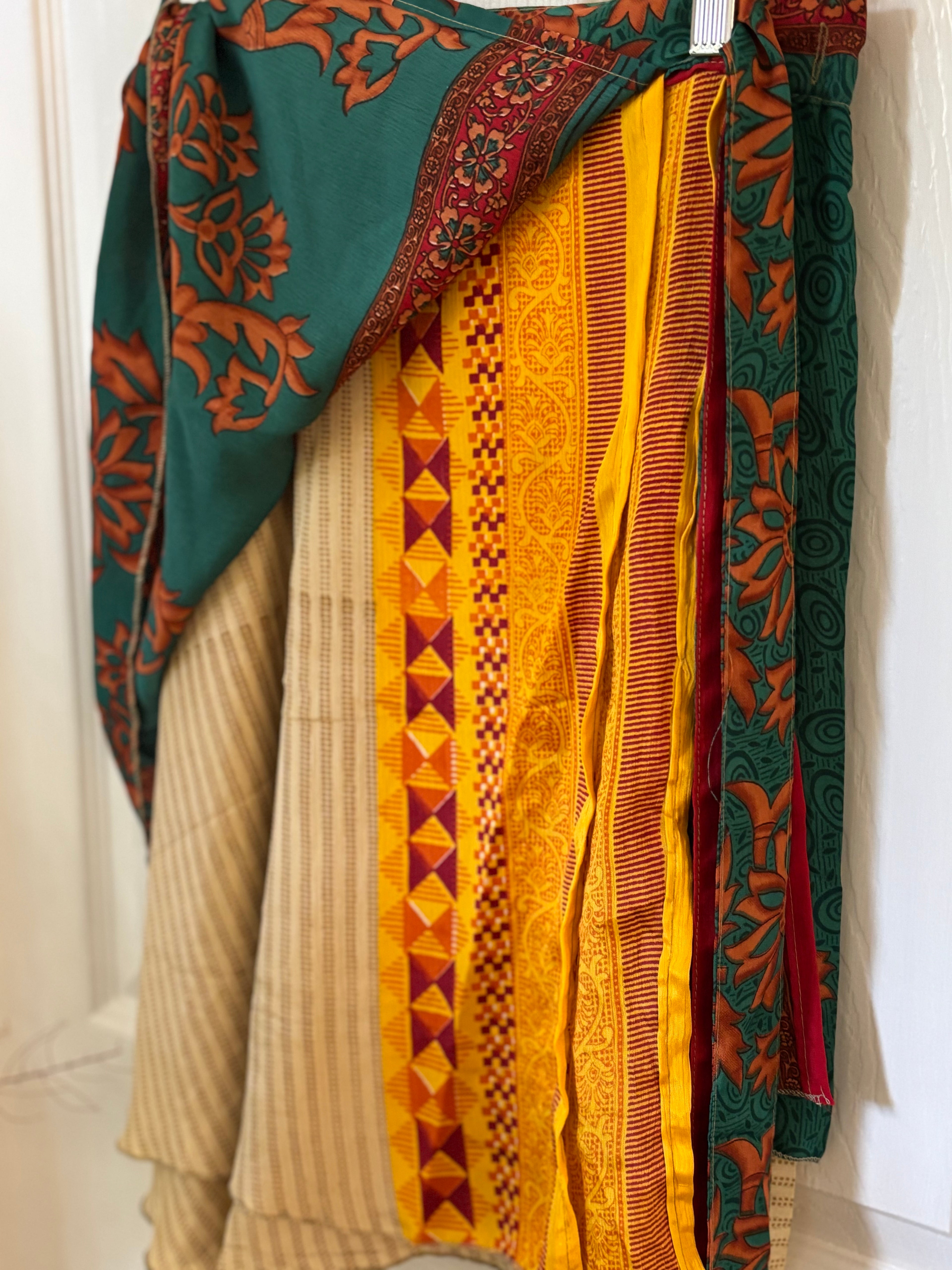 Knee Length Bohemian Flowy Dancing Worship Skirt | Indian Silk Sari Wrap Skirt - Double Layer , Reversible