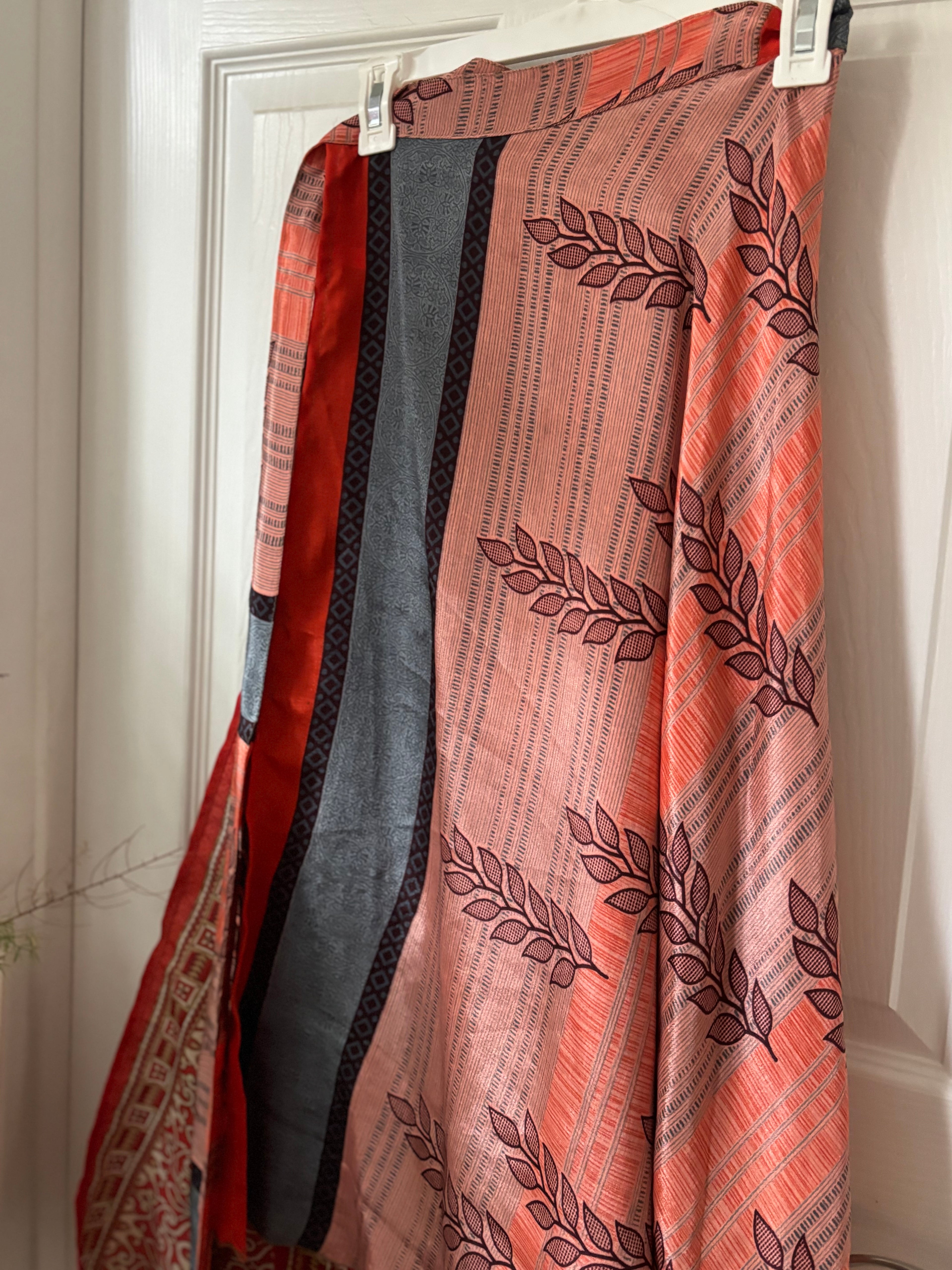 Warfare Worship Skirt | Bohemian Flowy Indian Silk Sari Wrap Skirt - Double Layer , Reversible | Free Flow Dancing Skirt