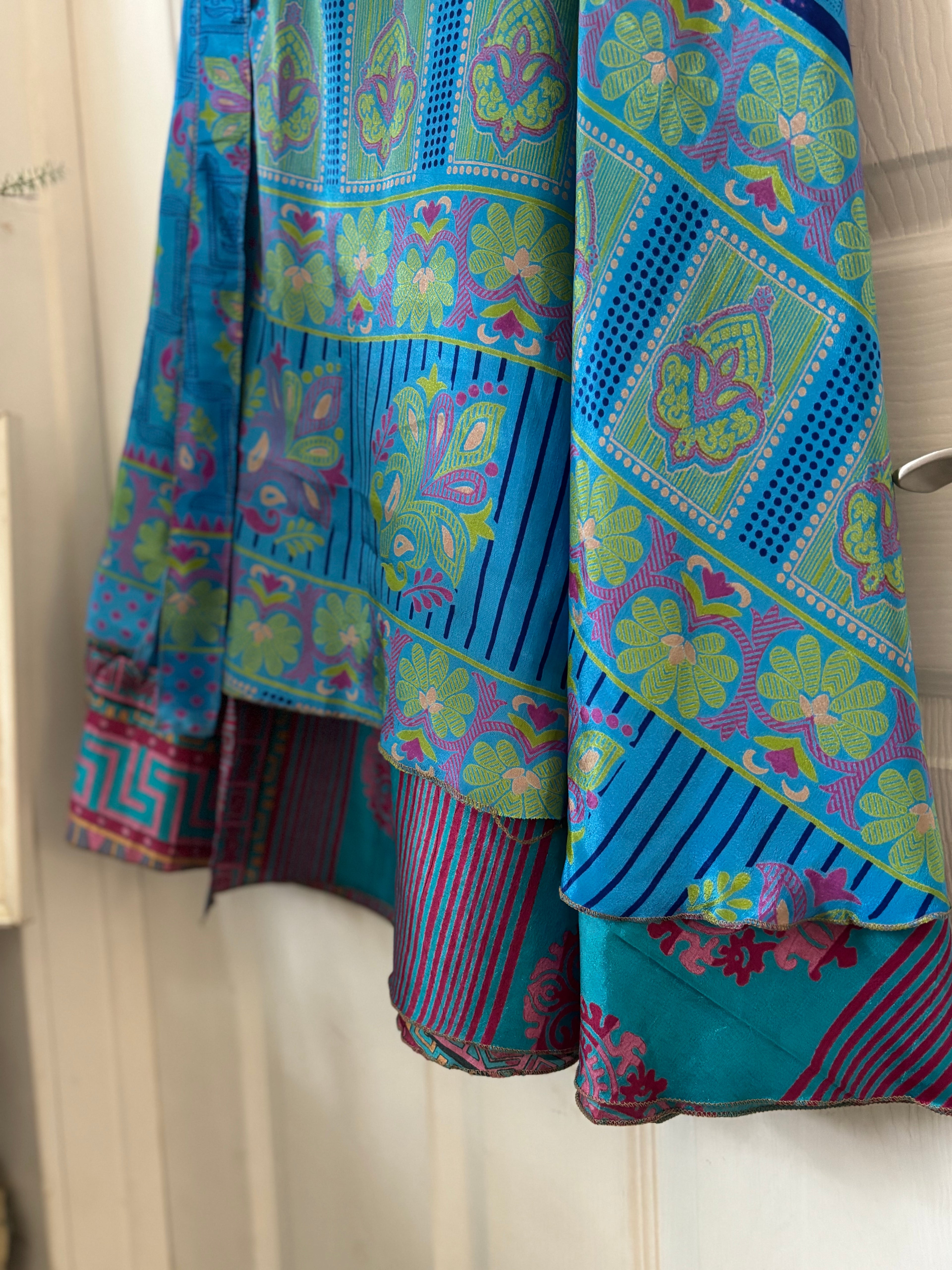 Warfare Worship Skirt | Bohemian Flowy Indian Silk Sari Wrap Skirt - Double Layer , Reversible | Free Flow Dancing Skirt