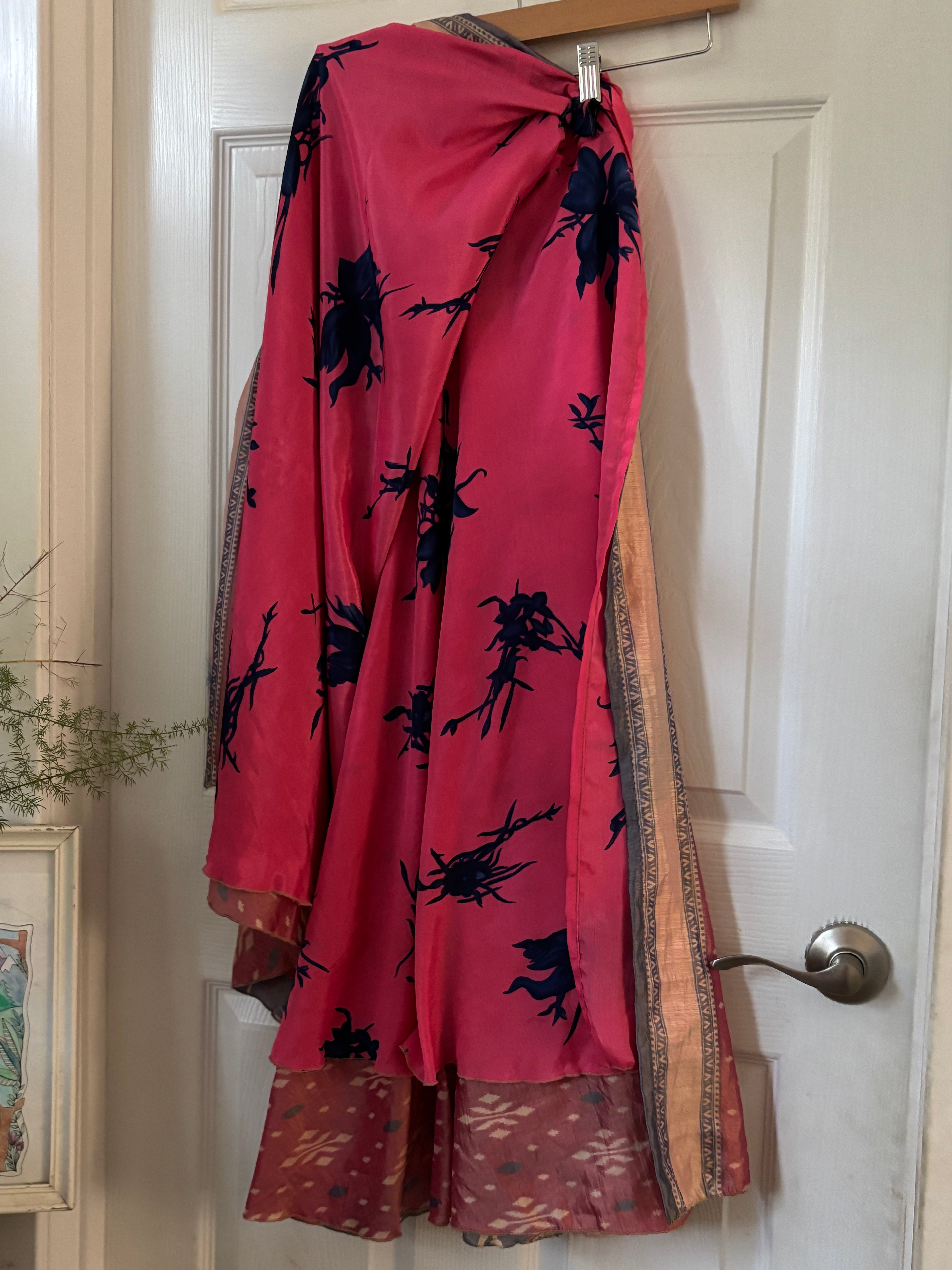 Bohemian Flowy Indian Silk Sari Wrap Skirt - Double Layer , Reversible | Free Flow Dancing Skirt