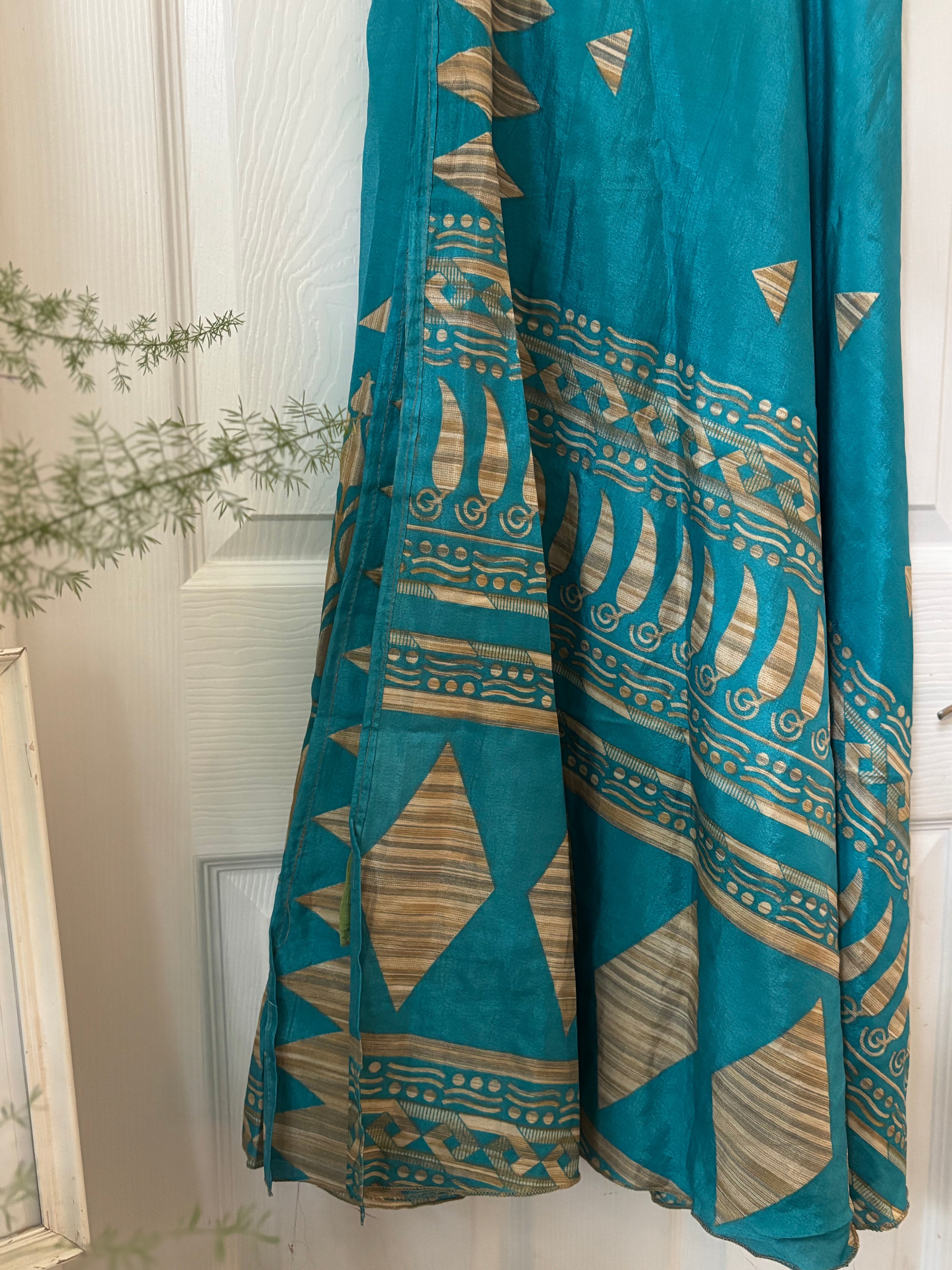 Warfare Worship Skirt | Bohemian Flowy Indian Silk Sari Wrap Skirt - Double Layer , Reversible | Free Flow Dancing Skirt