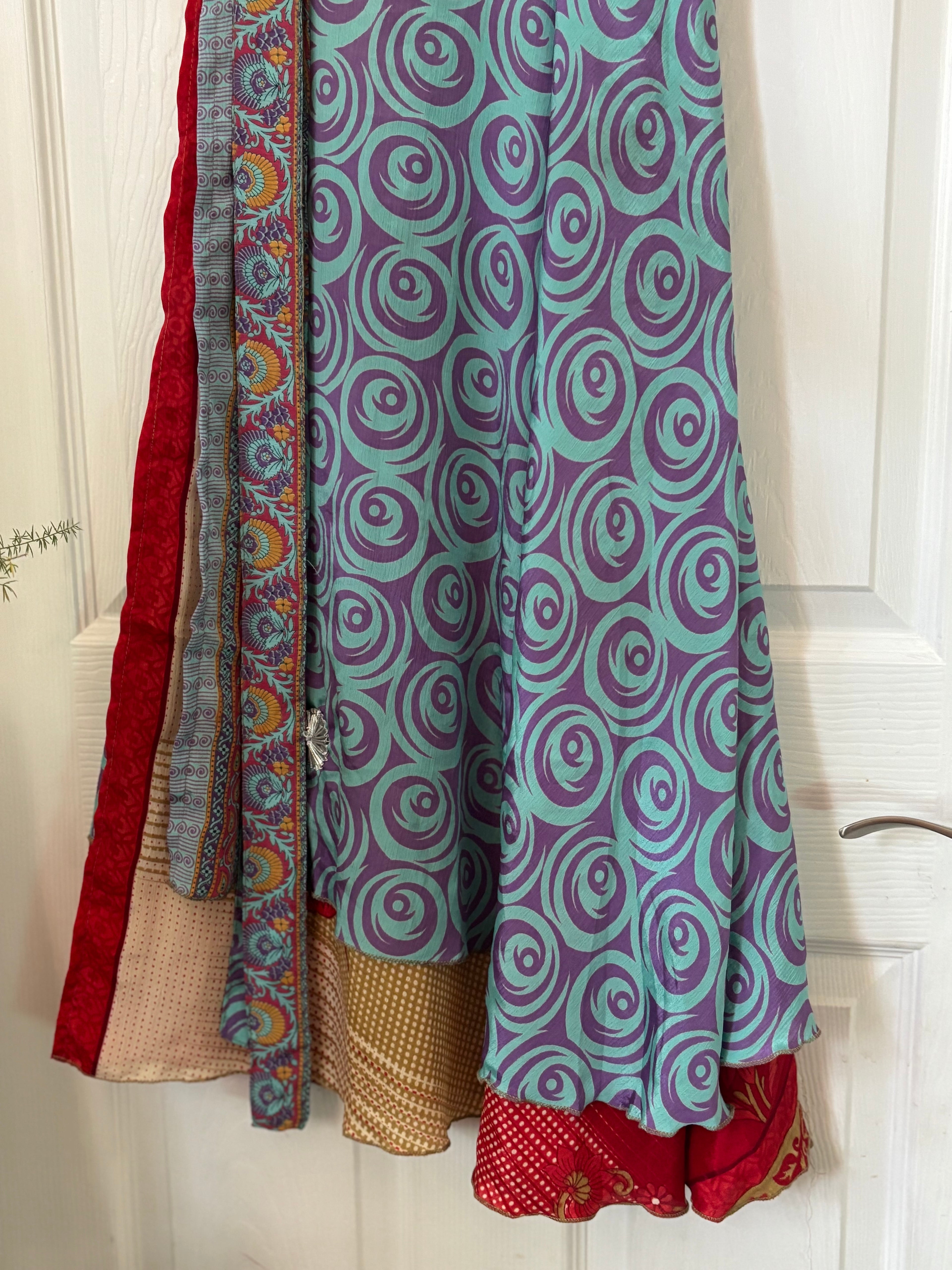 Bohemian Flowy Indian Silk Sari Wrap Skirt - Double Layer , Reversible | Free Flow Dancing Skirt