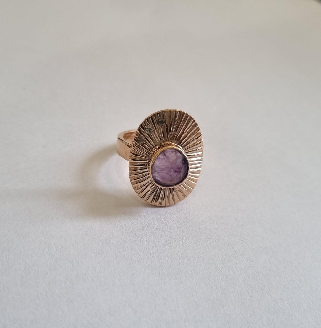 The Stevi Sunburst Ring ~ 14K Gold over 925 Sterling Silver | Rosecut Amethyst + Salt & Pepper Diamonds | Size 8
